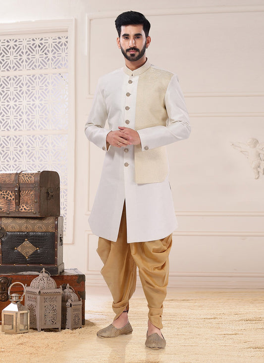 Fancy Work Jacquard, Silk Cream Indo Western Sherwani - M4719