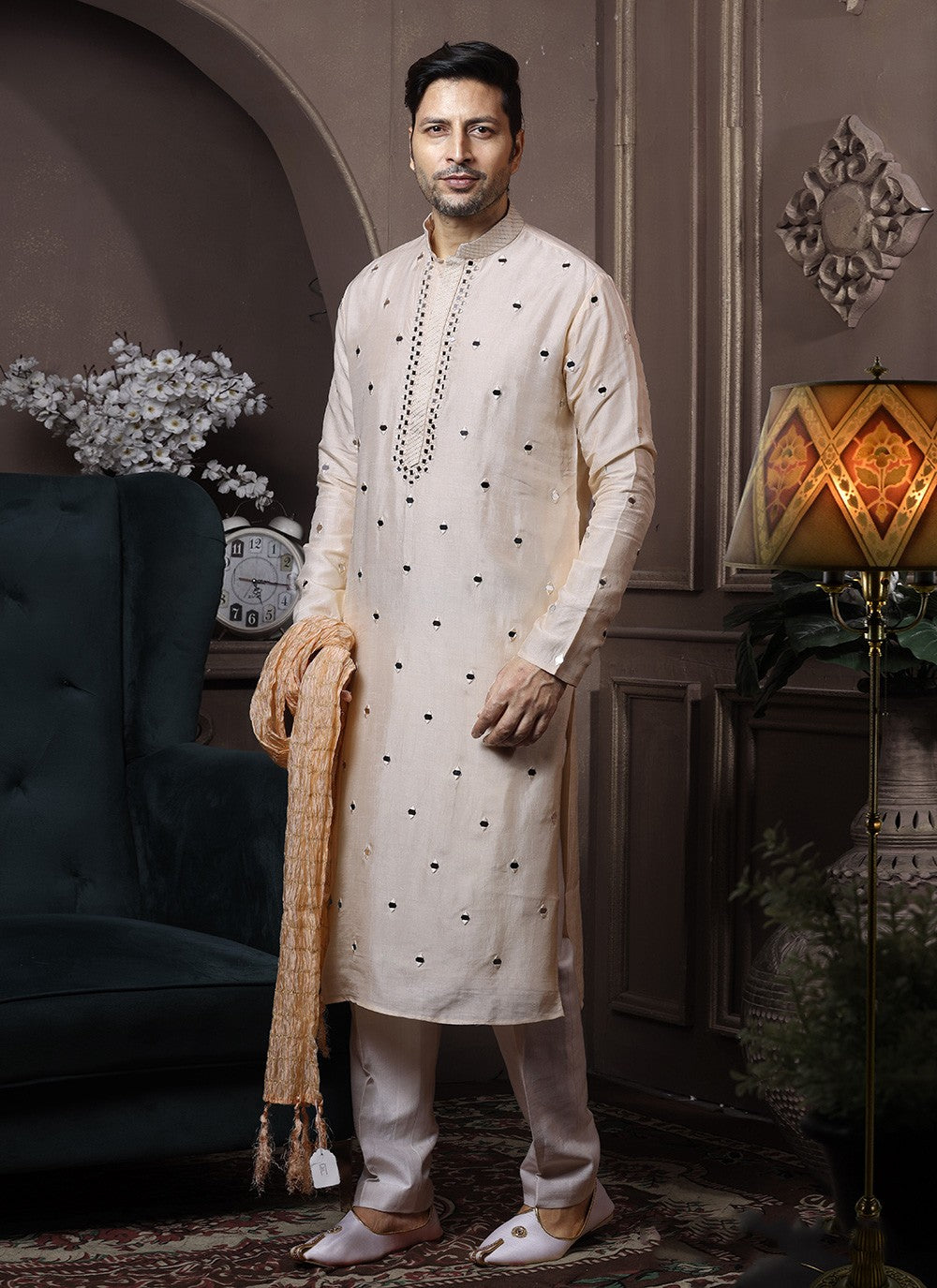 Embroidered Silk Cream Kurta Pyjama - M3634