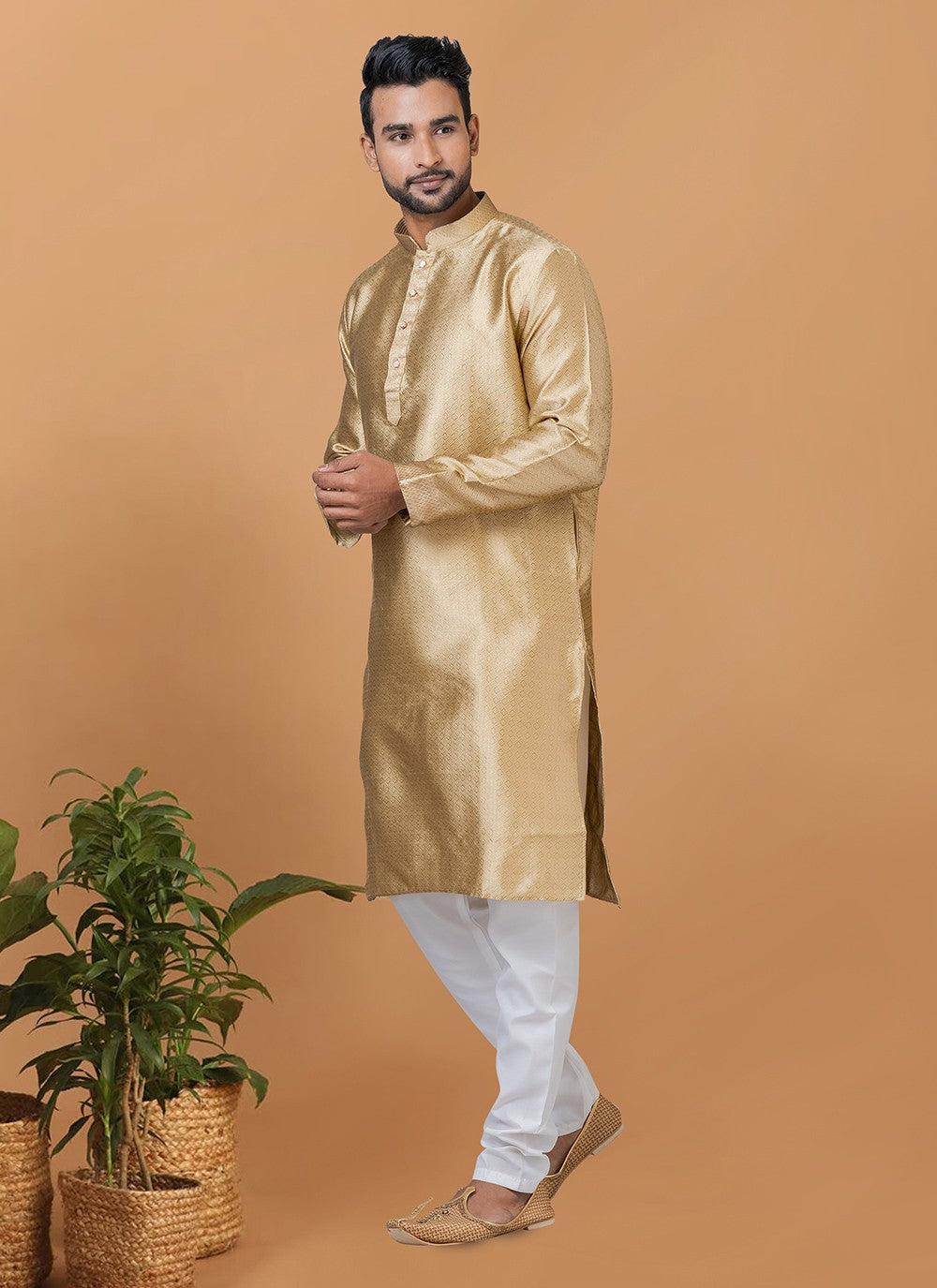 Fancy Work Silk Cream Kurta Pyjama - M6370