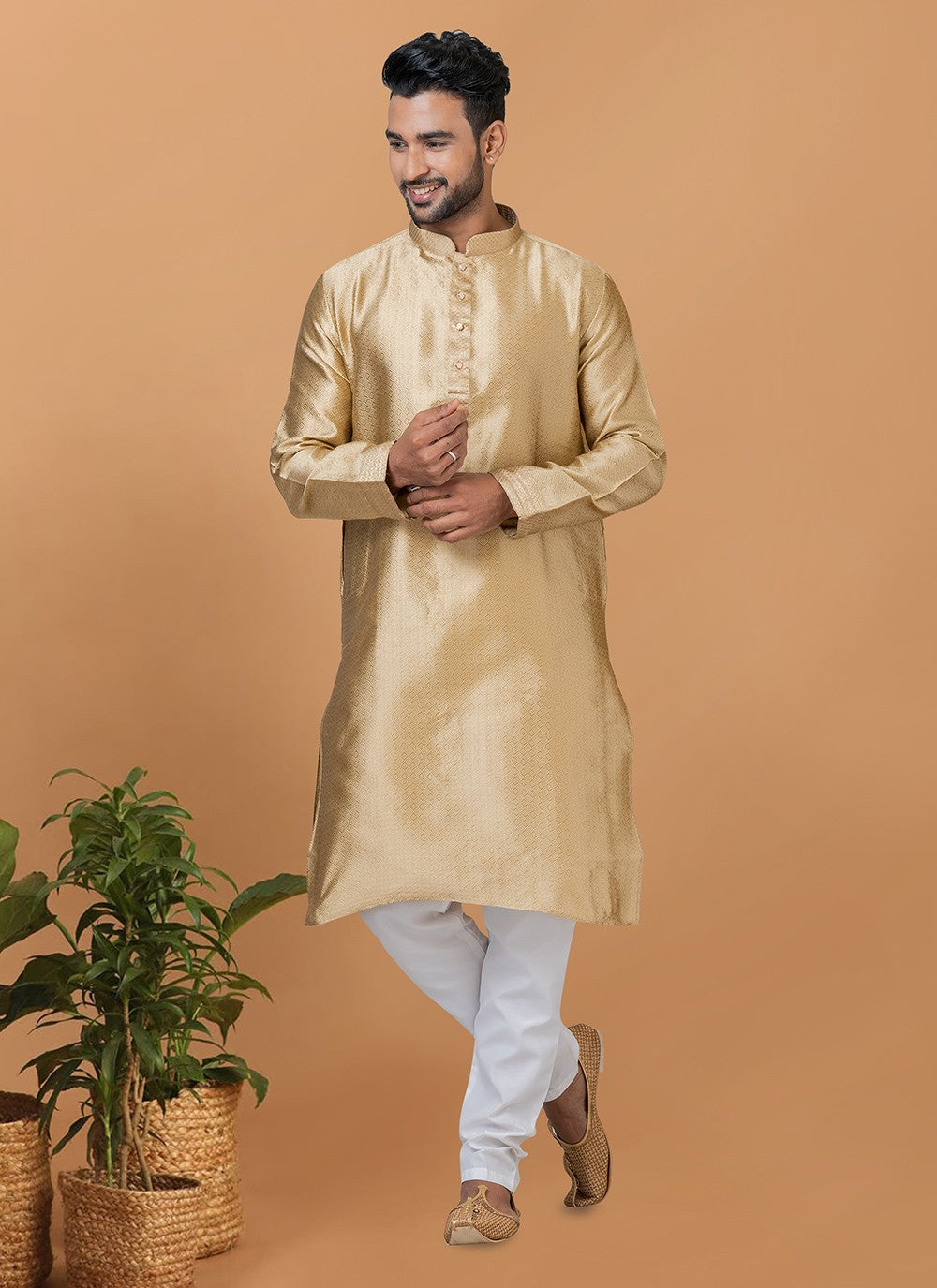 Fancy Work Silk Cream Kurta Pyjama - M6370