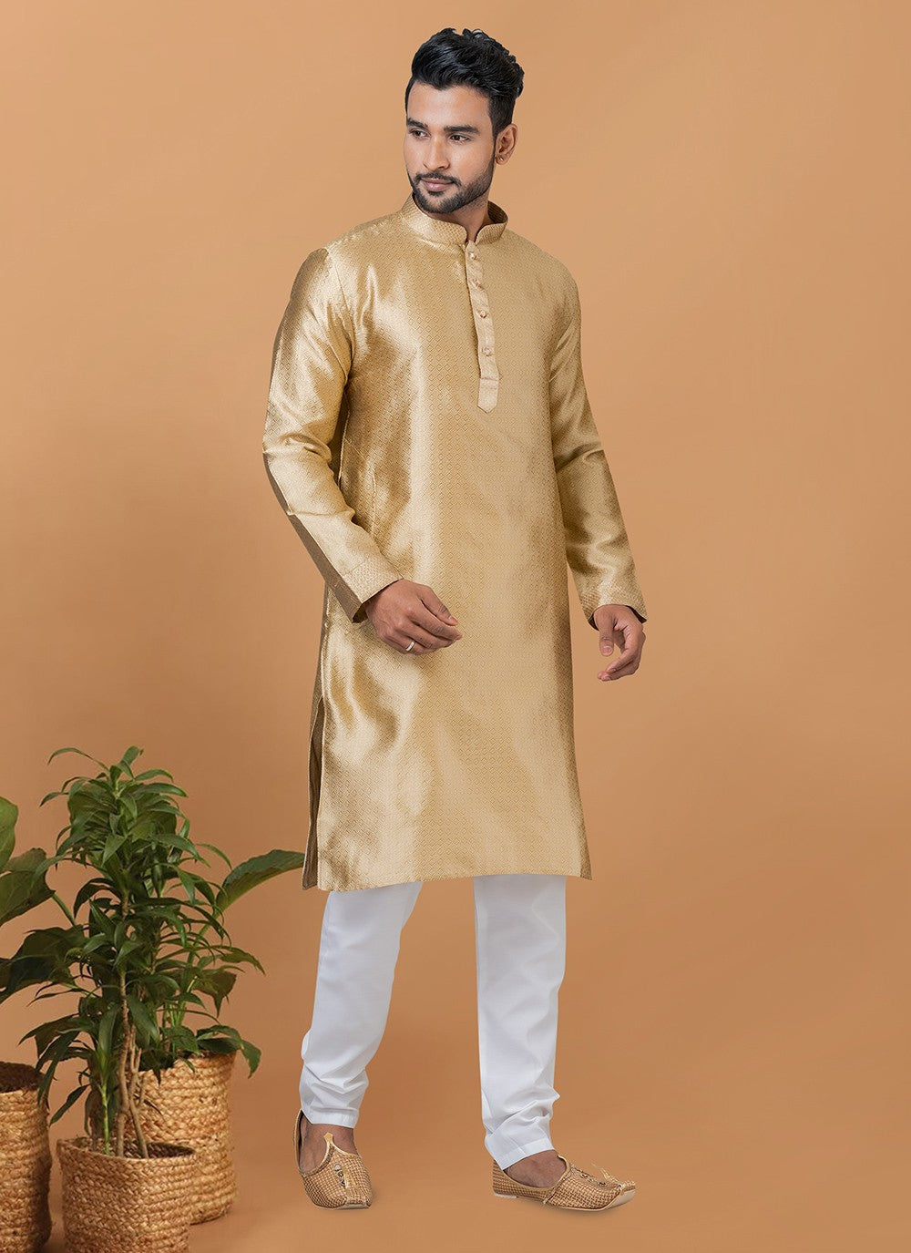 Fancy Work Silk Cream Kurta Pyjama - M6370