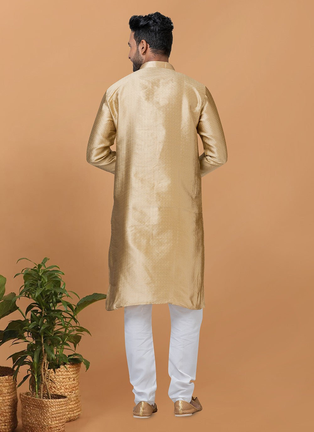 Fancy Work Silk Cream Kurta Pyjama - M6370