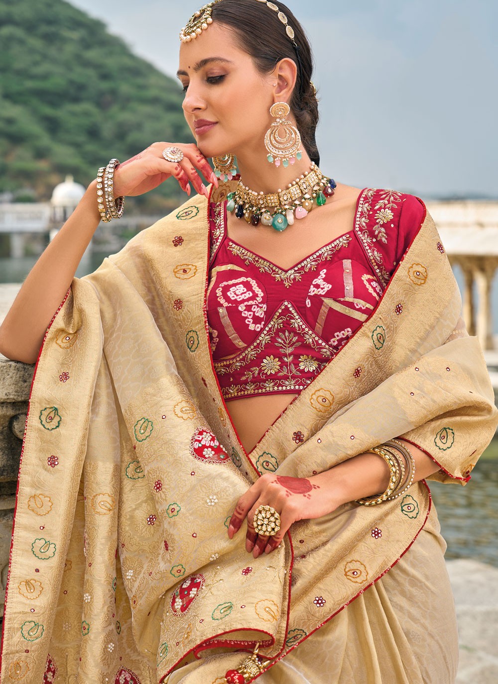 Classic Embroidered Kanjivaram Silk Cream Saree - S10755