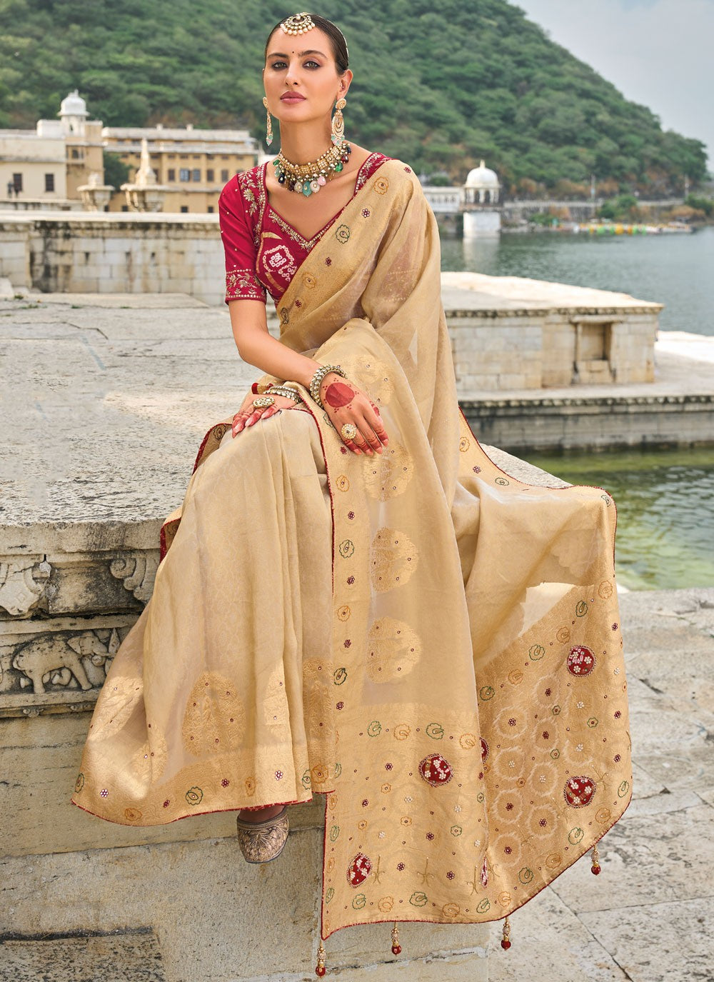 Classic Embroidered Kanjivaram Silk Cream Saree - S10755