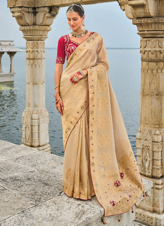 Classic Embroidered Kanjivaram Silk Cream Saree - S10755