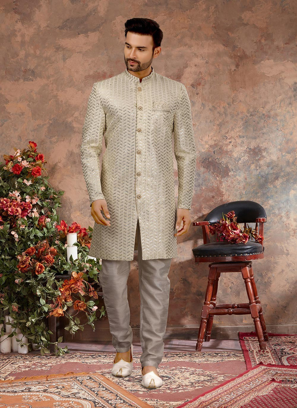 Digital Print Jacquard Cream Indo Western Sherwani - M2886