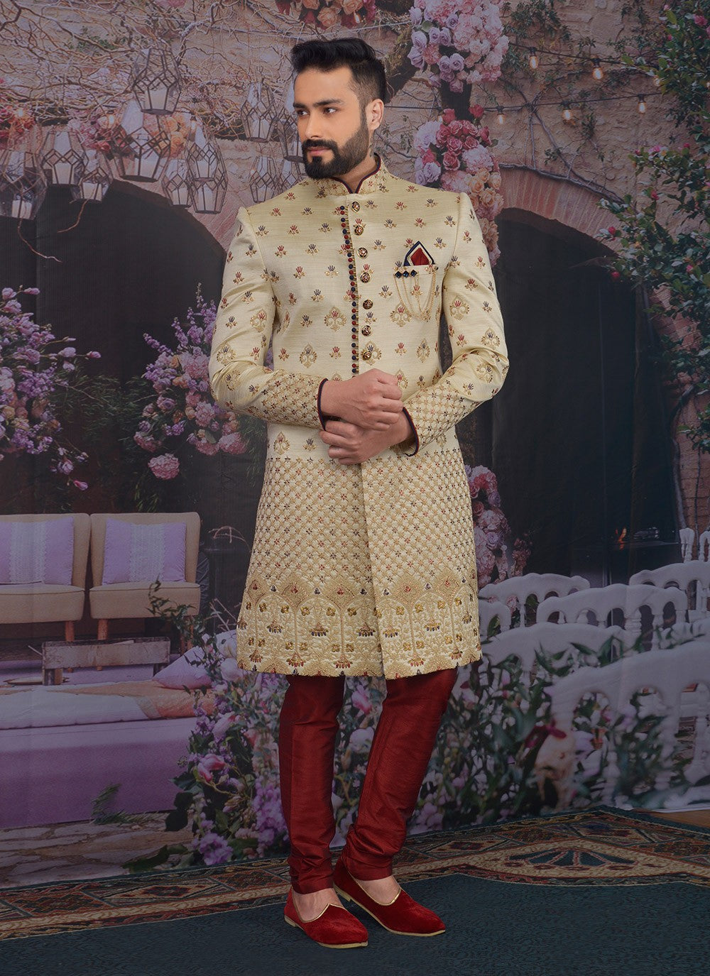 Embroidered Banarasi Silk Cream Sherwani - M3293