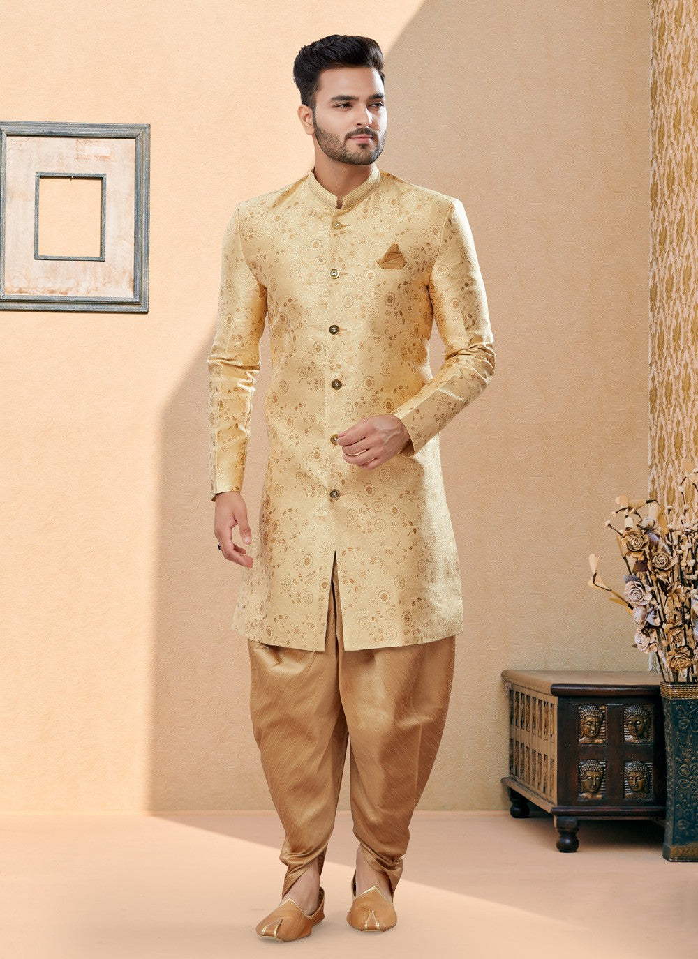 Thread Banarasi Jacquard Cream Indo Western Sherwani - M3892