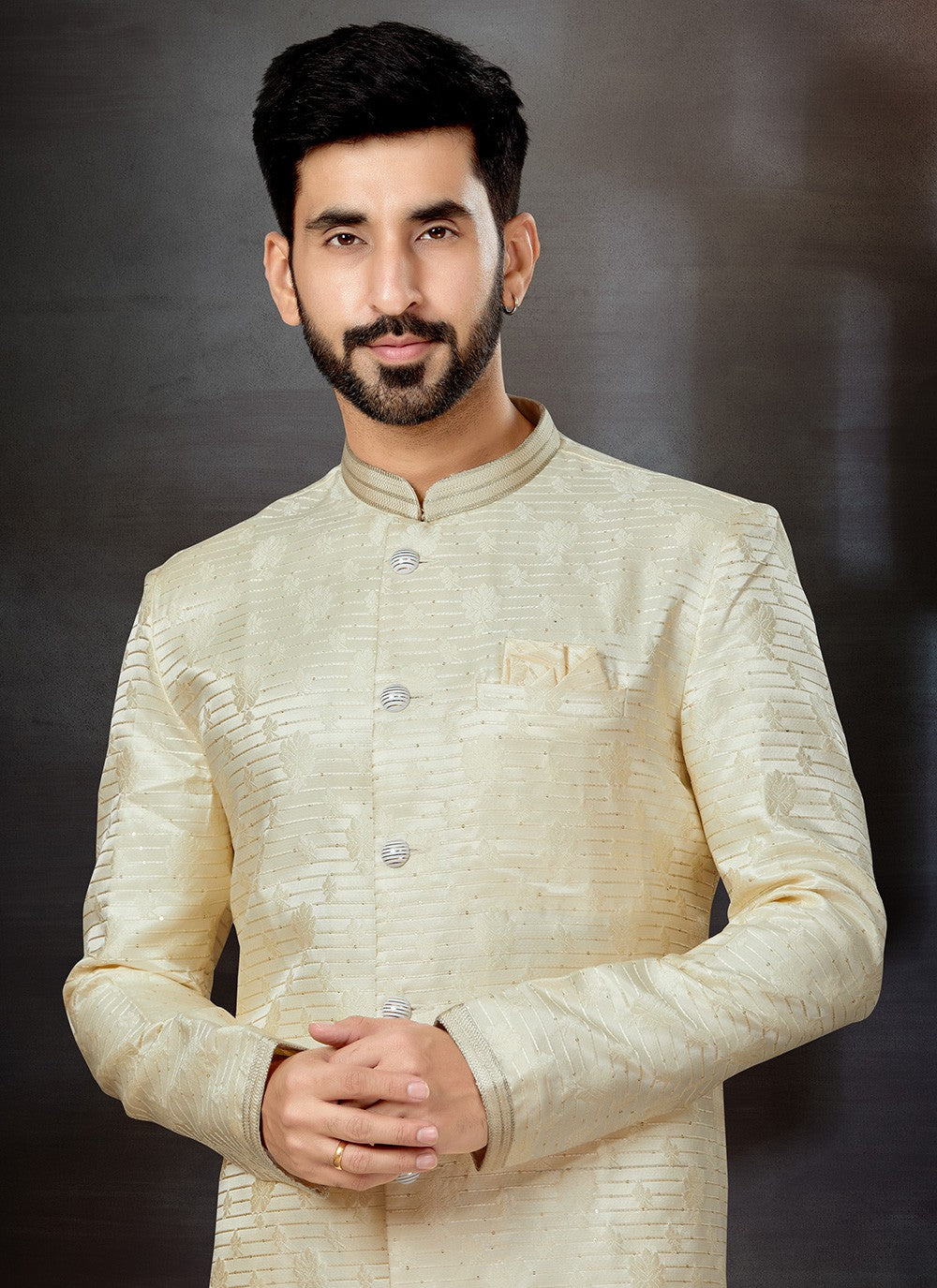 Embroidered Jacquard Cream Indo Western Sherwani - M4818