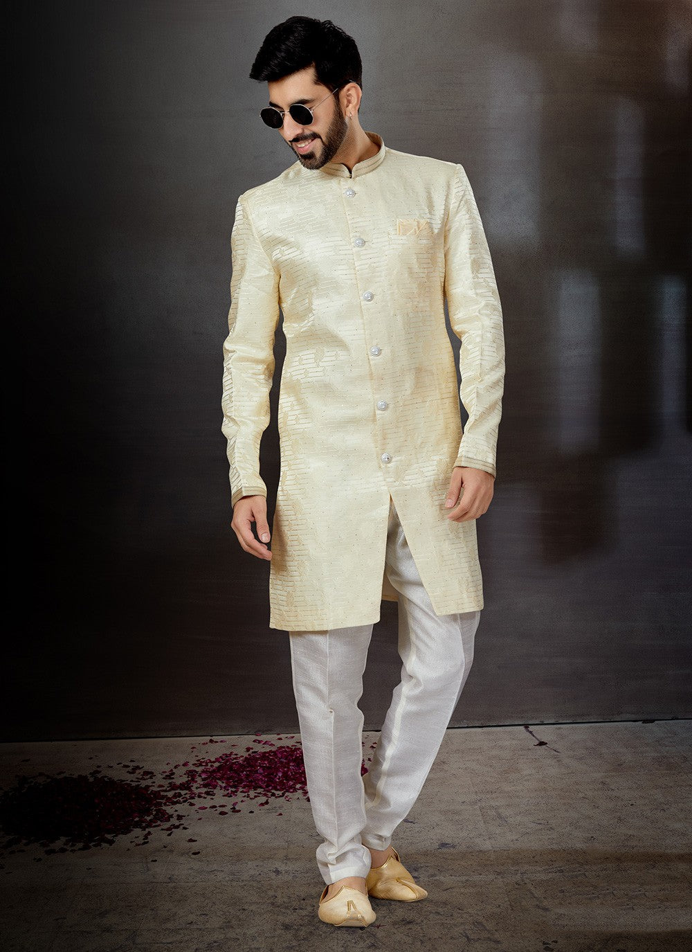 Embroidered Jacquard Cream Indo Western Sherwani - M4818