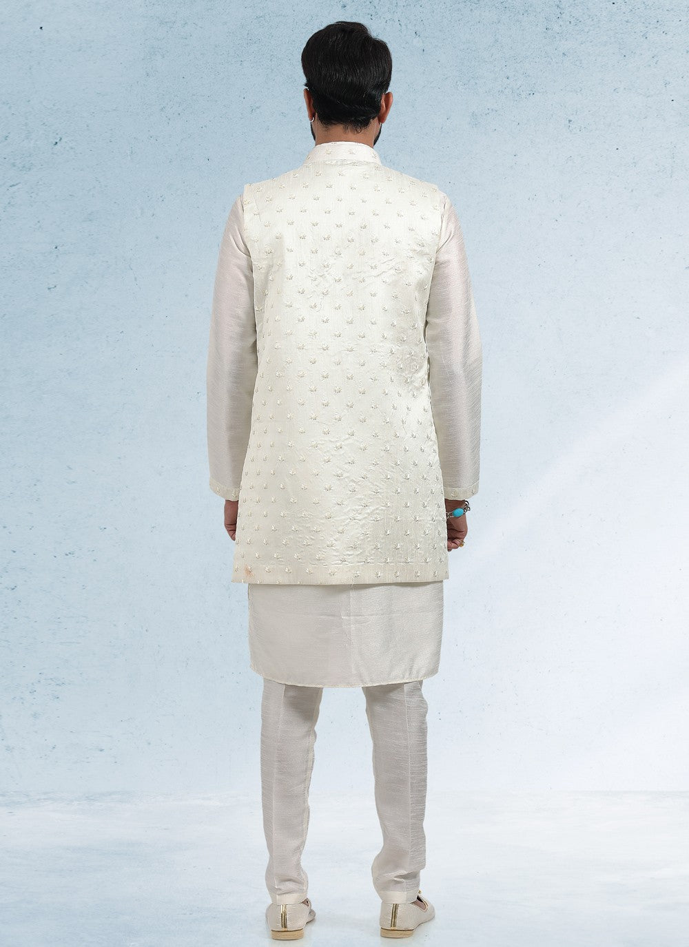 Thread Banarasi Silk Cream Kurta Payjama With Jacket - M4607