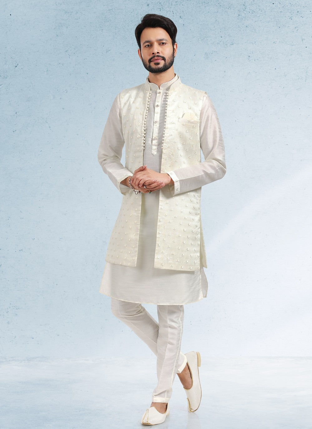 Thread Banarasi Silk Cream Kurta Payjama With Jacket - M4607