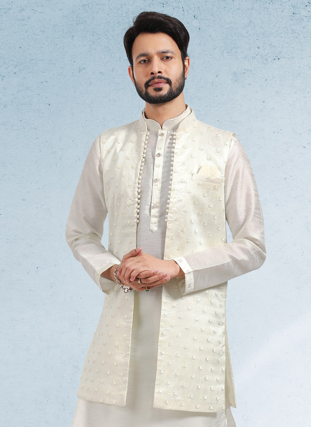 Thread Banarasi Silk Cream Kurta Payjama With Jacket - M4607