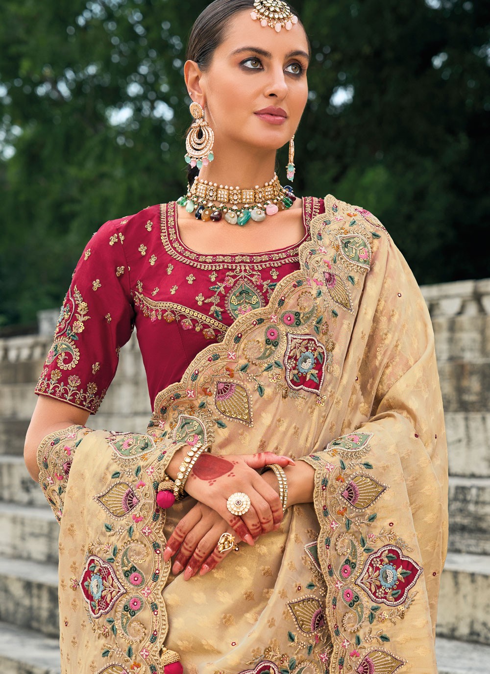 Classic Embroidered Kanjivaram Silk Cream Saree - S10755