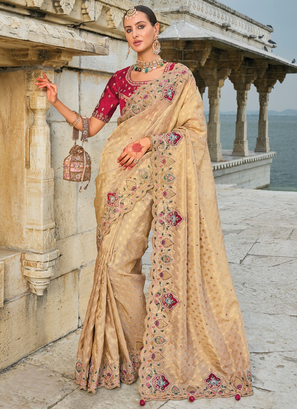 Classic Embroidered Kanjivaram Silk Cream Saree - S10755