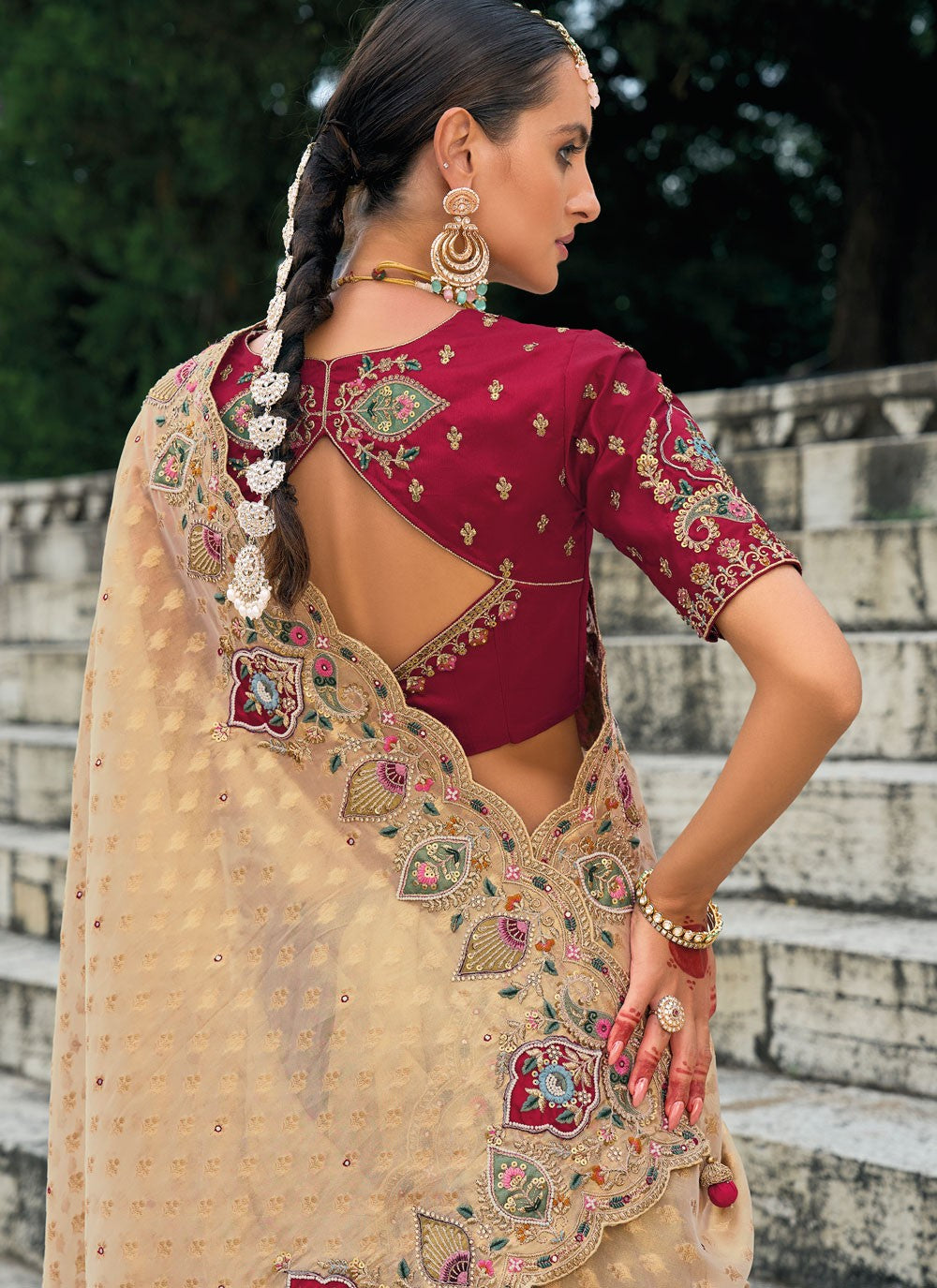 Classic Embroidered Kanjivaram Silk Cream Saree - S10755