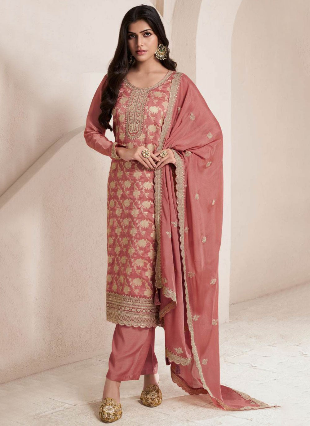 Embroidered Silk Pant Style Suit - T4571