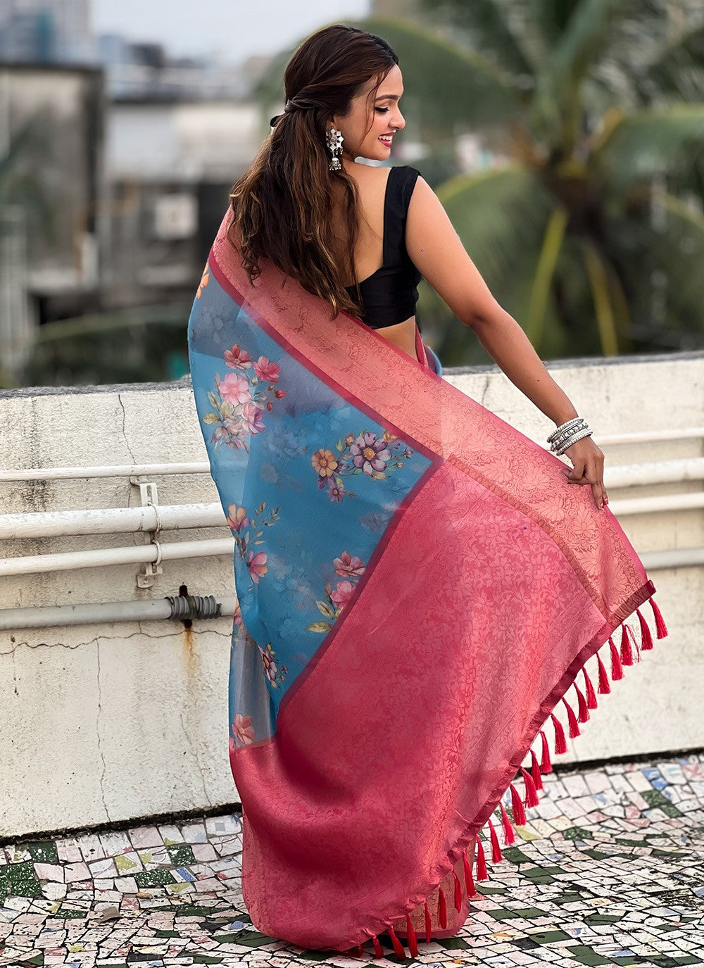 Classic Floral Printed Crush, Tissue Saree - S9573