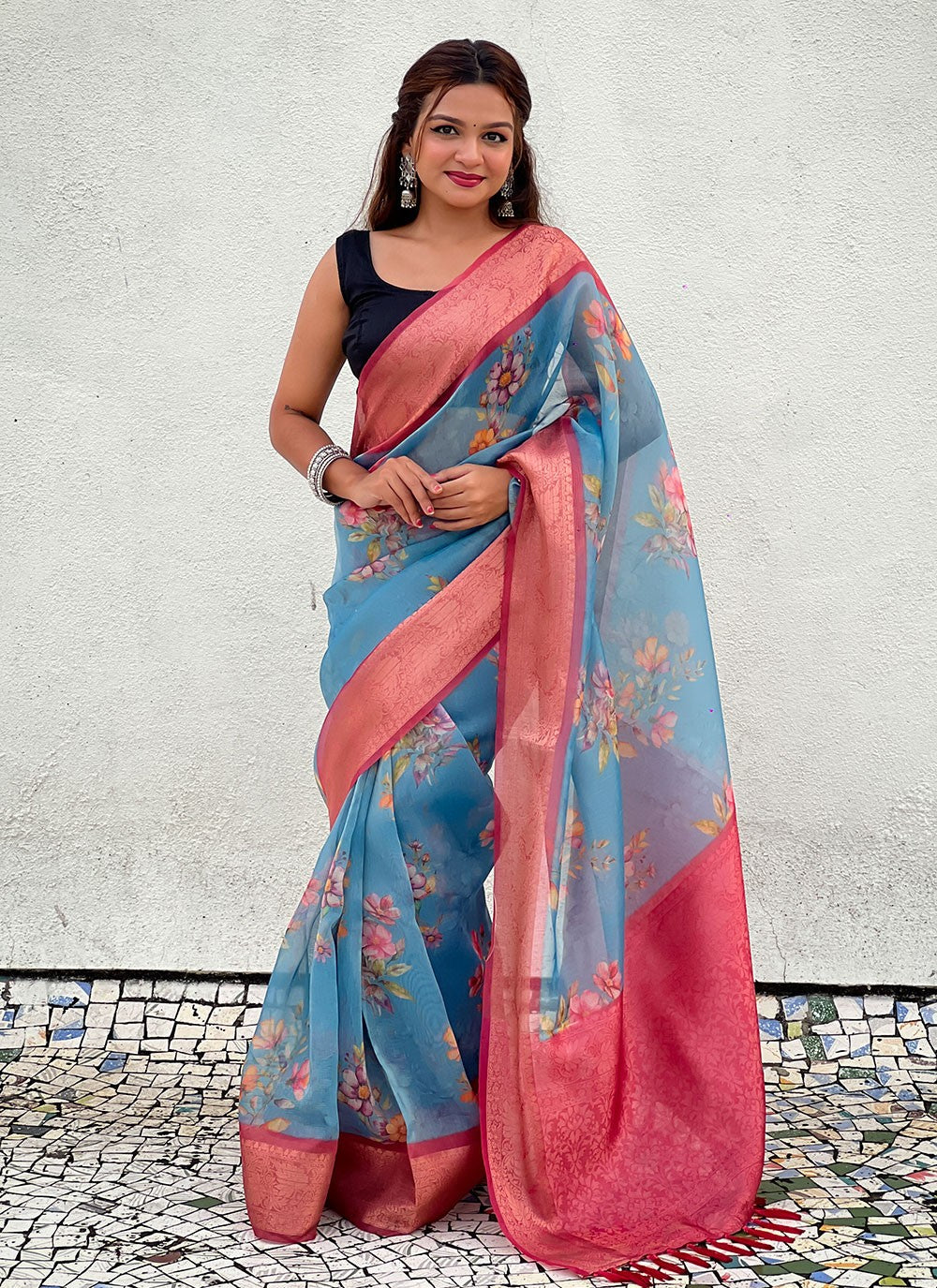 Classic Floral Printed Crush, Tissue Saree - S9573