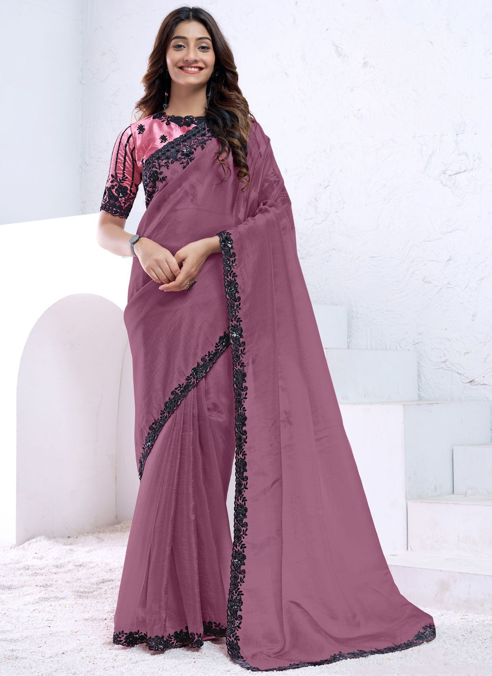 Embroidered, Moti, Sequins Crepe Silk Saree - S12036