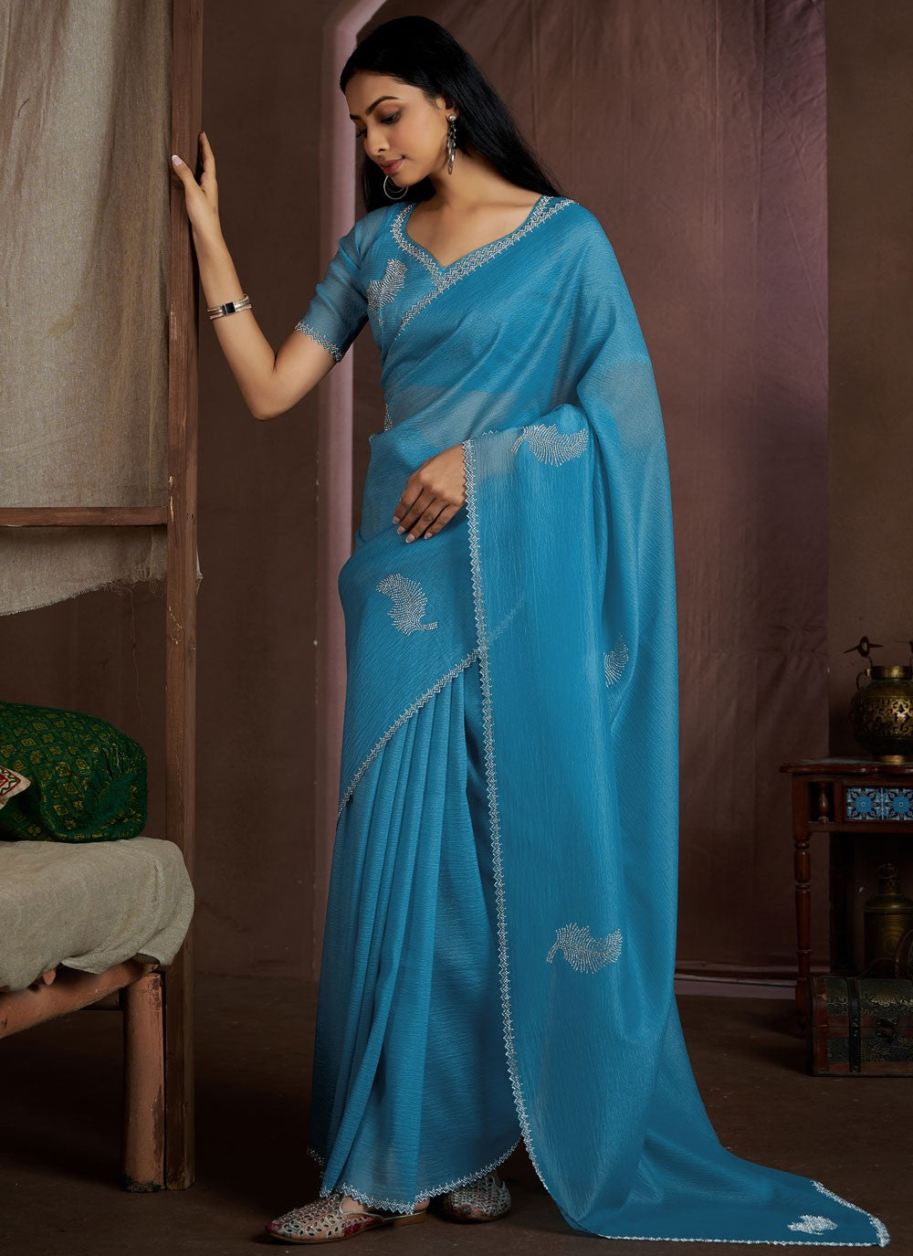 Trendy Cutdana Crush Blue, Turquoise Saree - S10660