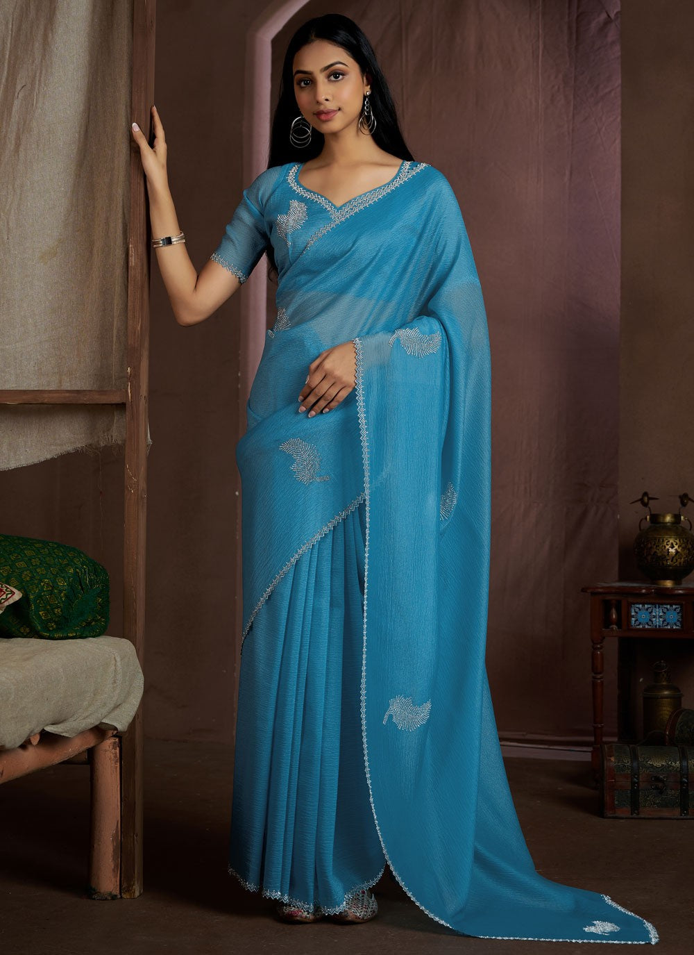 Trendy Cutdana Crush Blue, Turquoise Saree - S10660