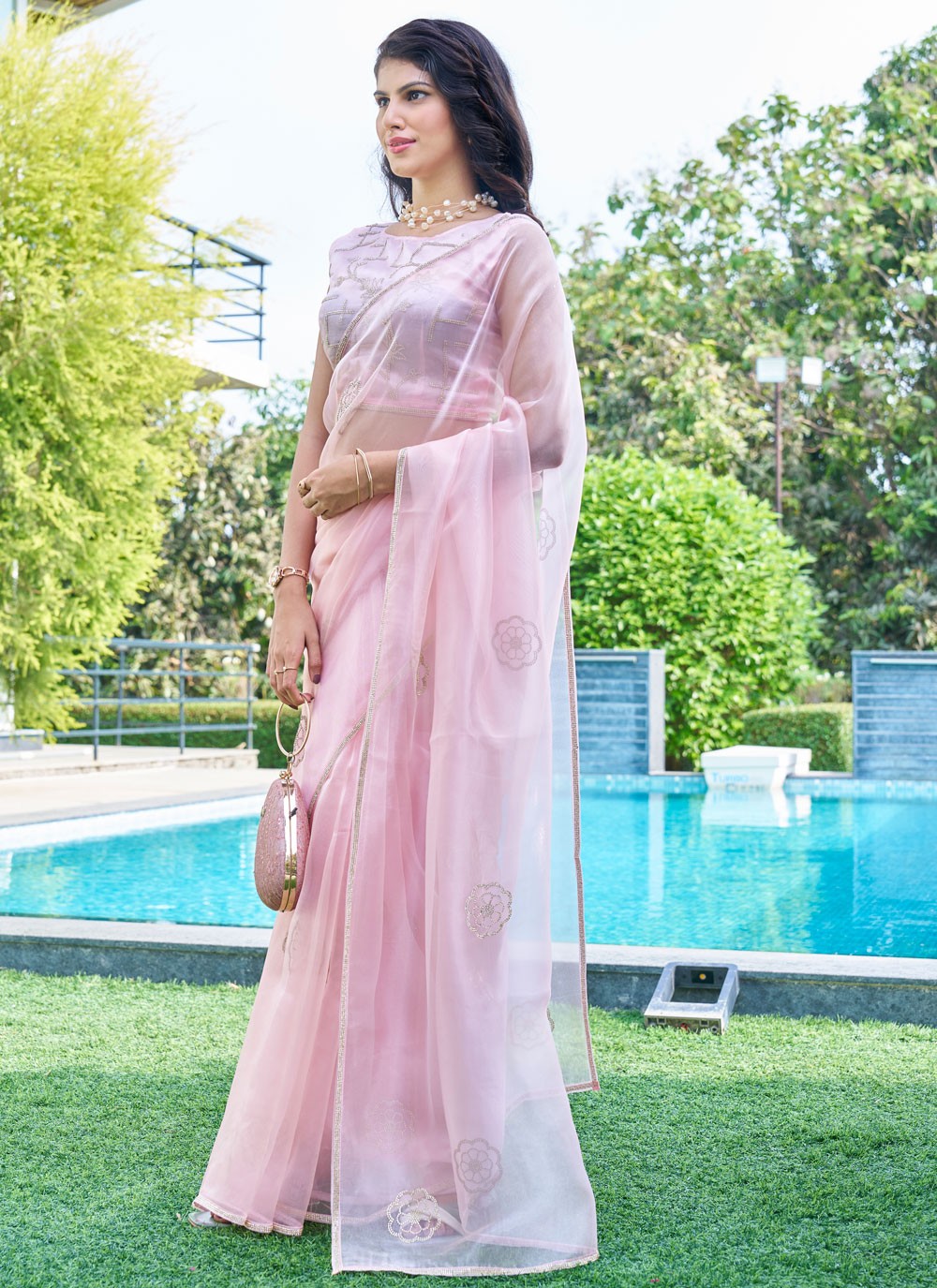 Cutdana, Swarovski Organza Saree - S11655