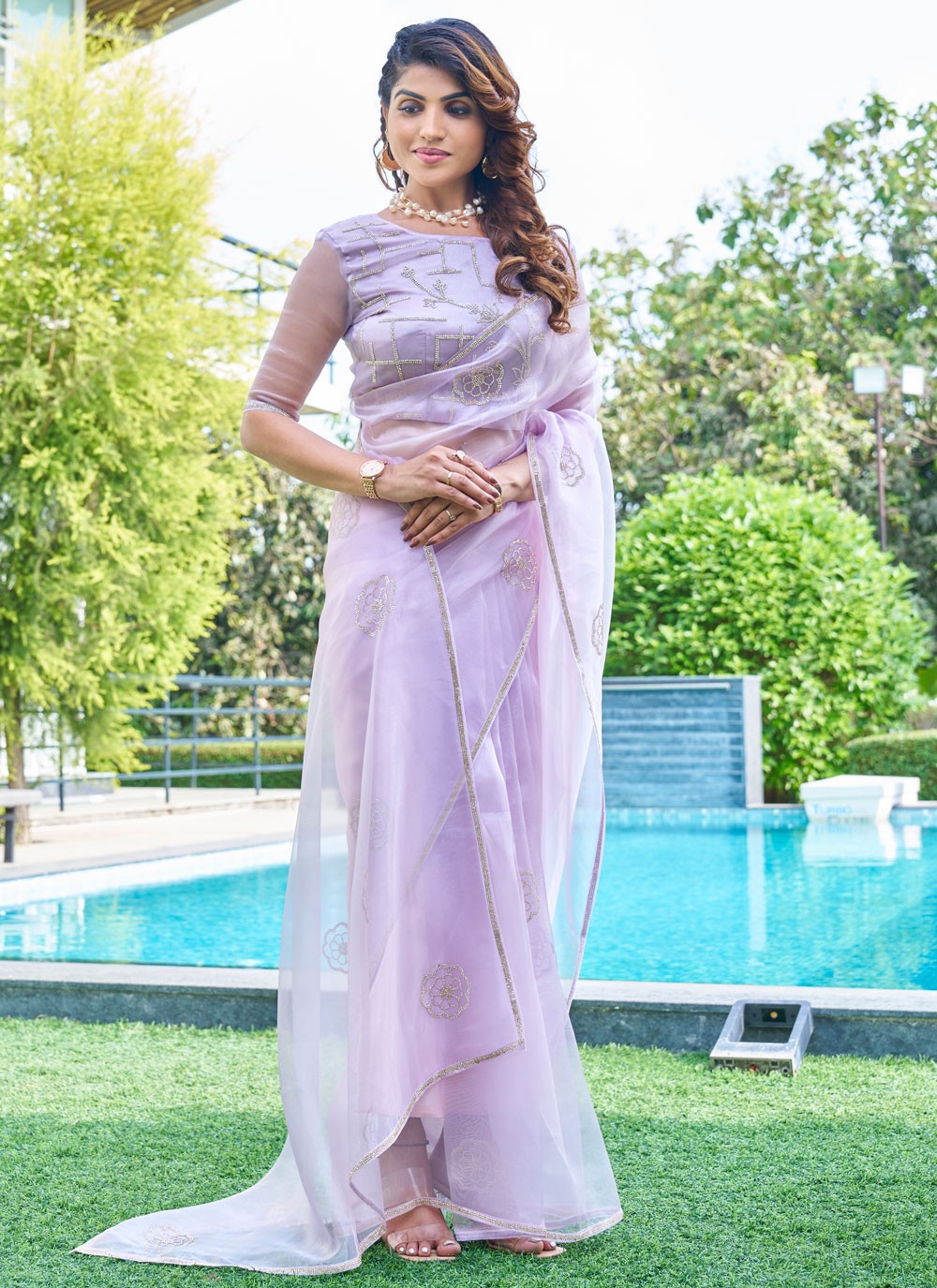 Cutdana, Swarovski Organza Saree - S11655