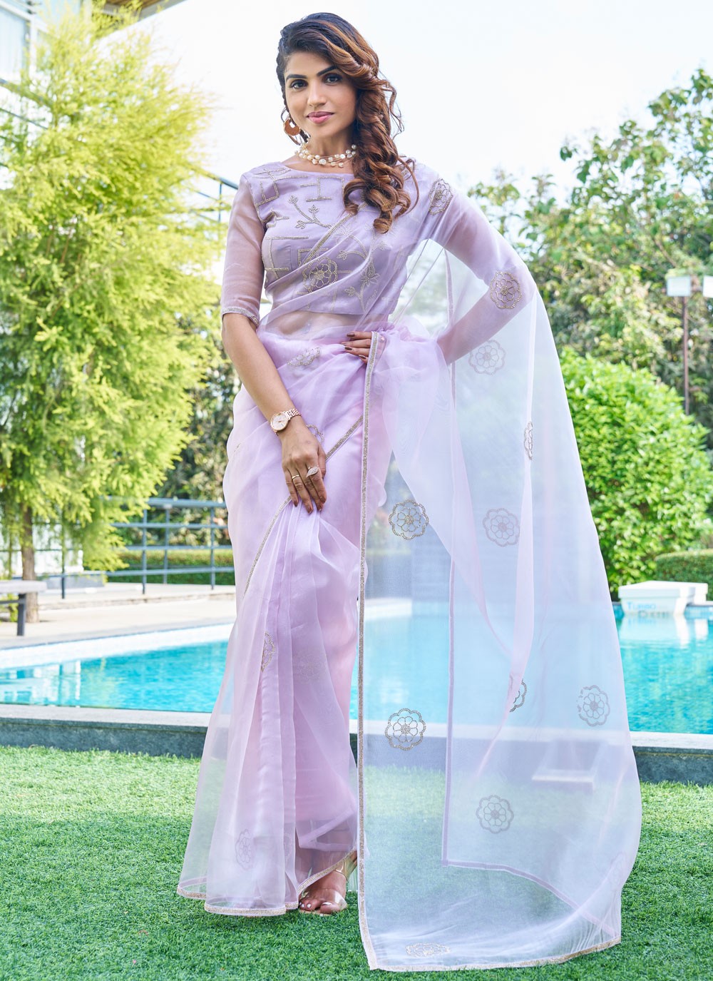 Cutdana, Swarovski Organza Saree - S11655