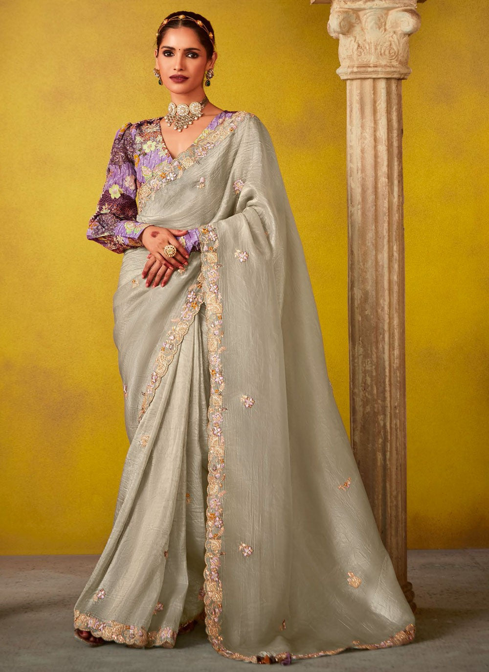 Cut Work, Embroidered, Stones, Zari Silk Saree - S12188