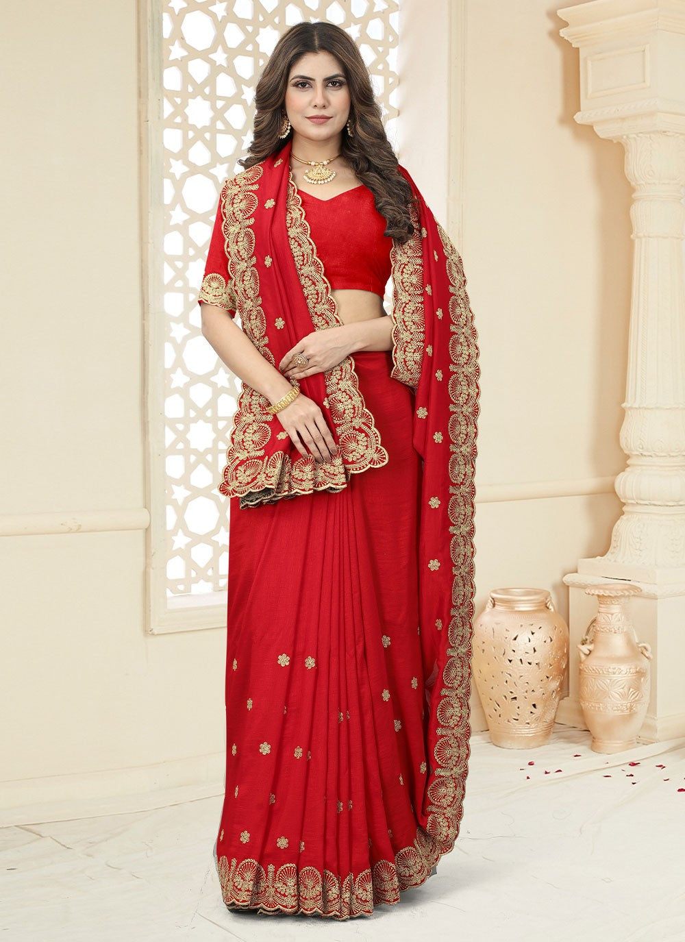 Trendy Border Work Vichitra Silk Saree - S2559