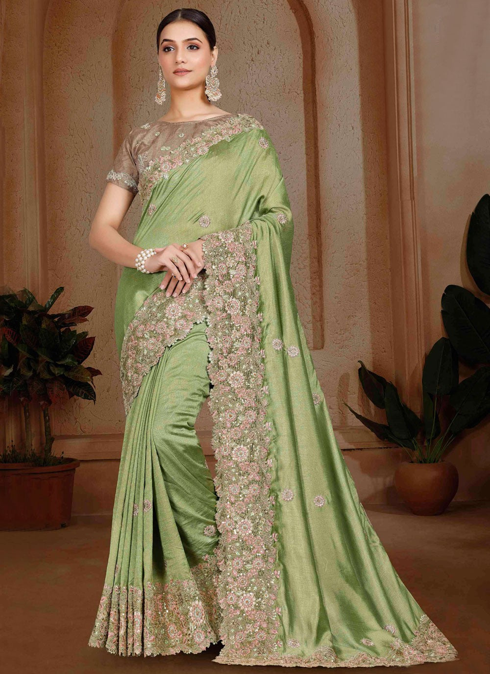 Border Work, Cut Work, Embroidered, Moti, Stones Art Silk Saree - S12121