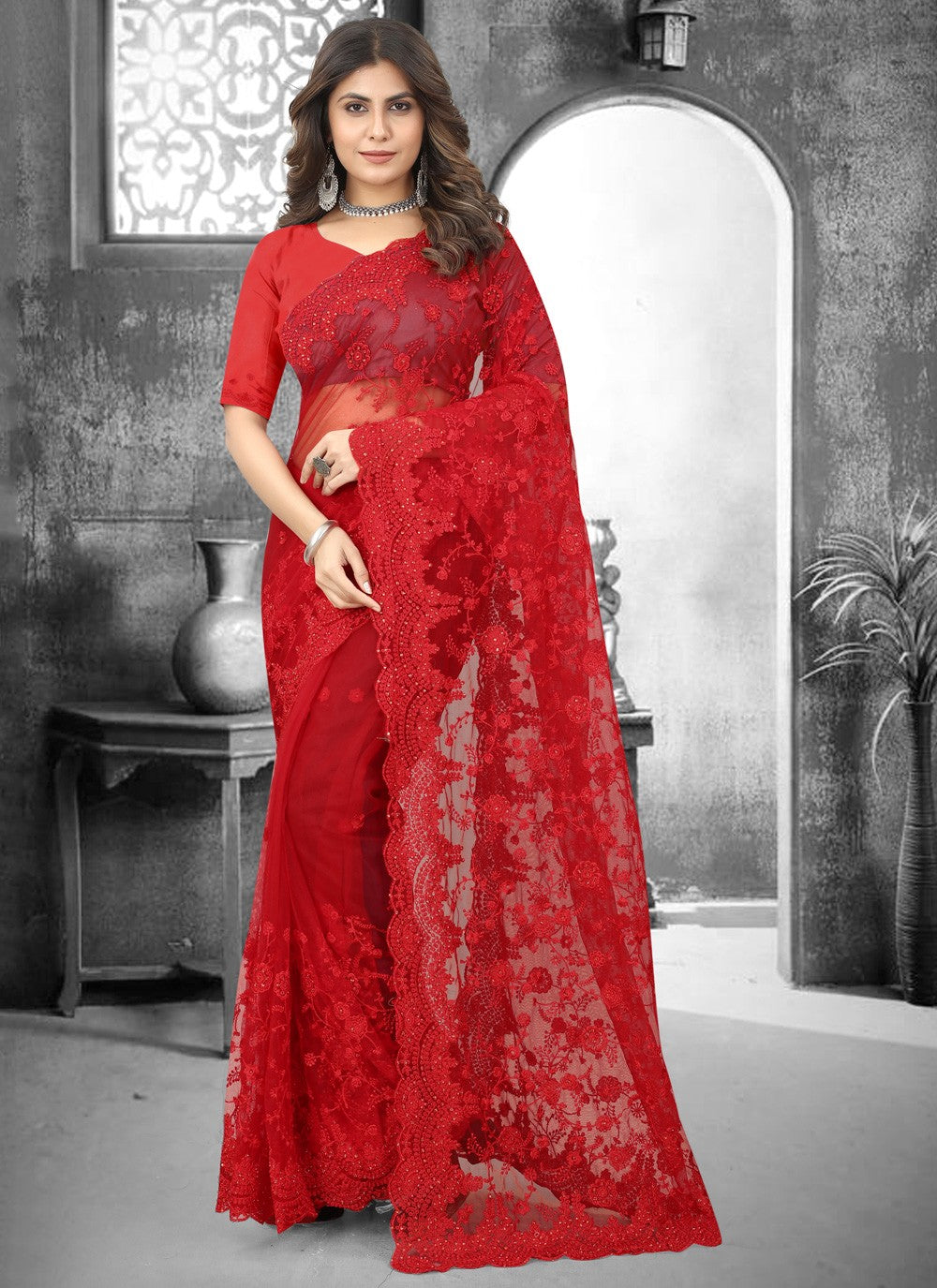 Classic Embroidered Net Saree - S3120