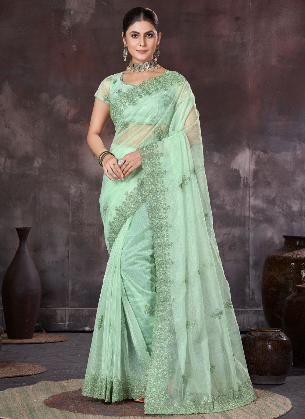 Classic Border Work Net, Organza Saree - S7557