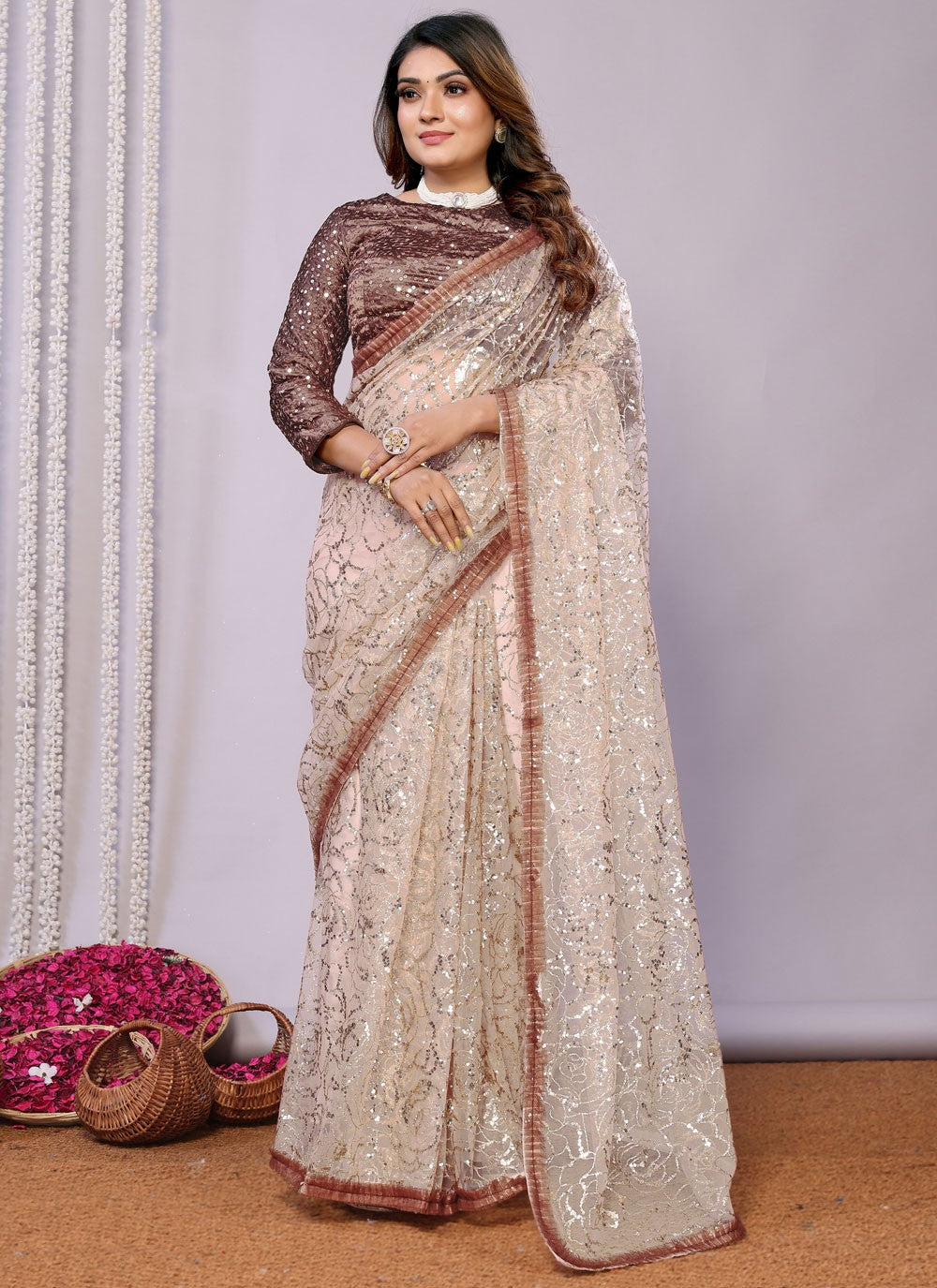 Sequins, Thread, Zari Net Saree - S11513