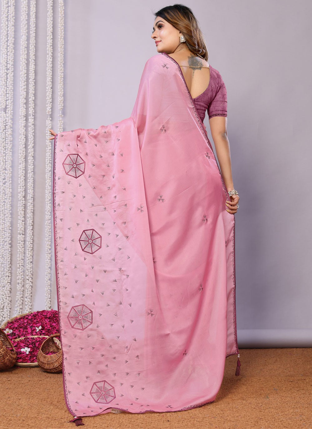 Classic Embroidered Tussar Silk Pink Saree - S10707