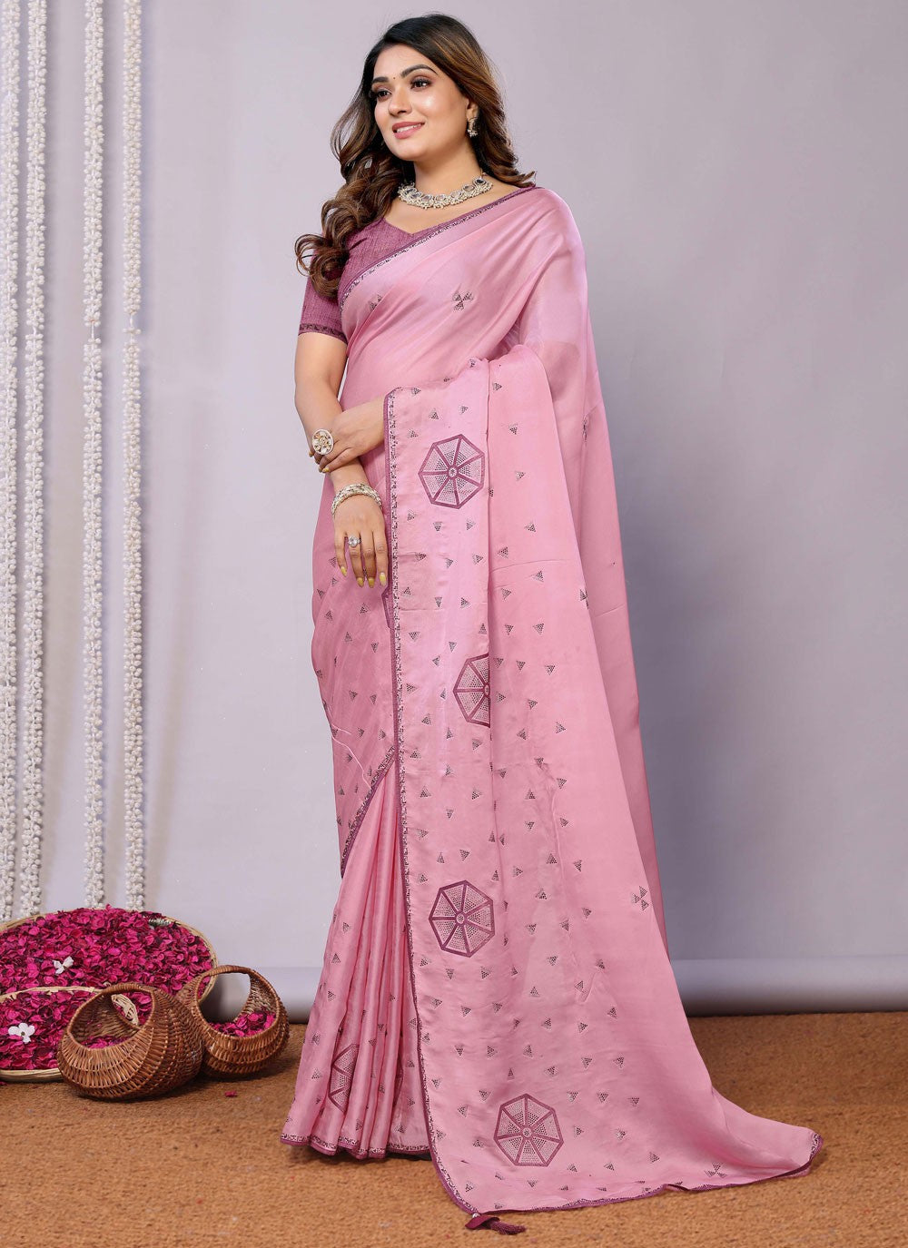 Classic Embroidered Tussar Silk Pink Saree - S10707