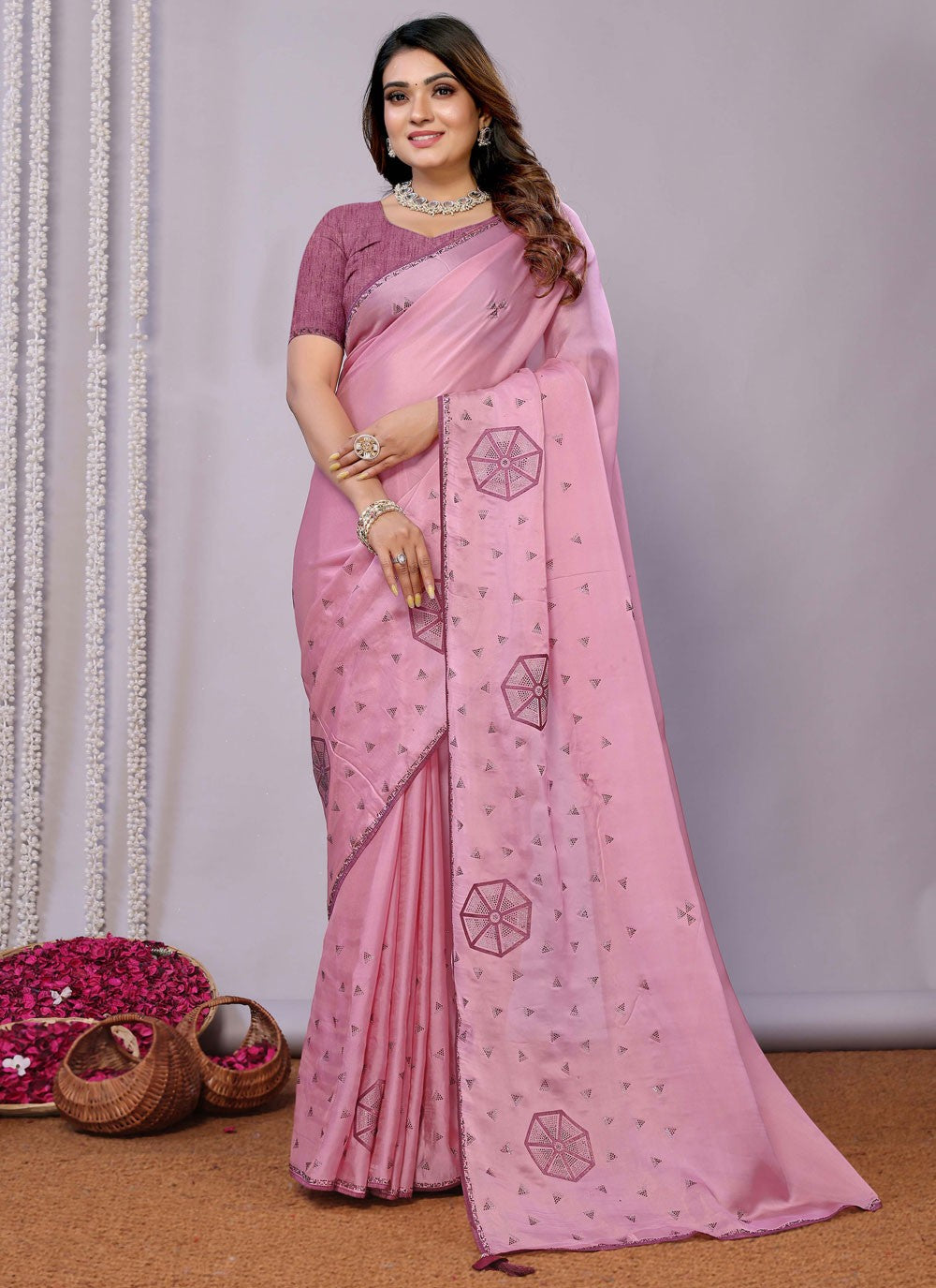 Classic Embroidered Tussar Silk Pink Saree - S10707