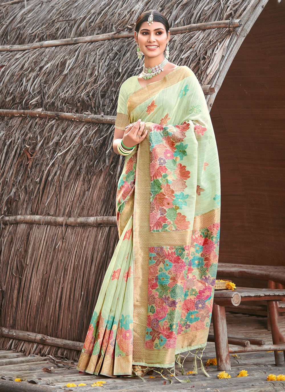 Traditional Floral Printed Cotton Saree - S5124