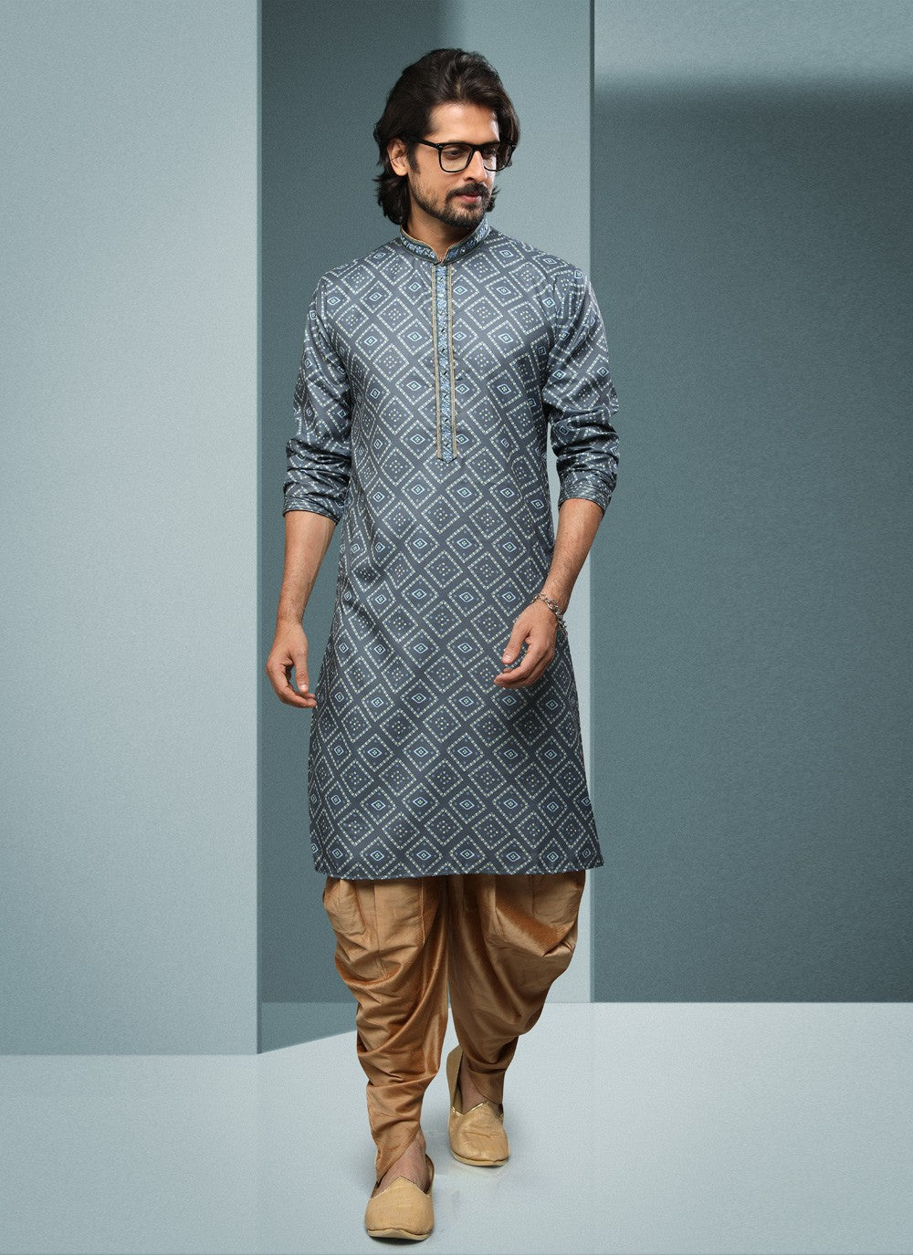 Digital Print Handloom Cotton Grey Dhoti Kurta - M4070