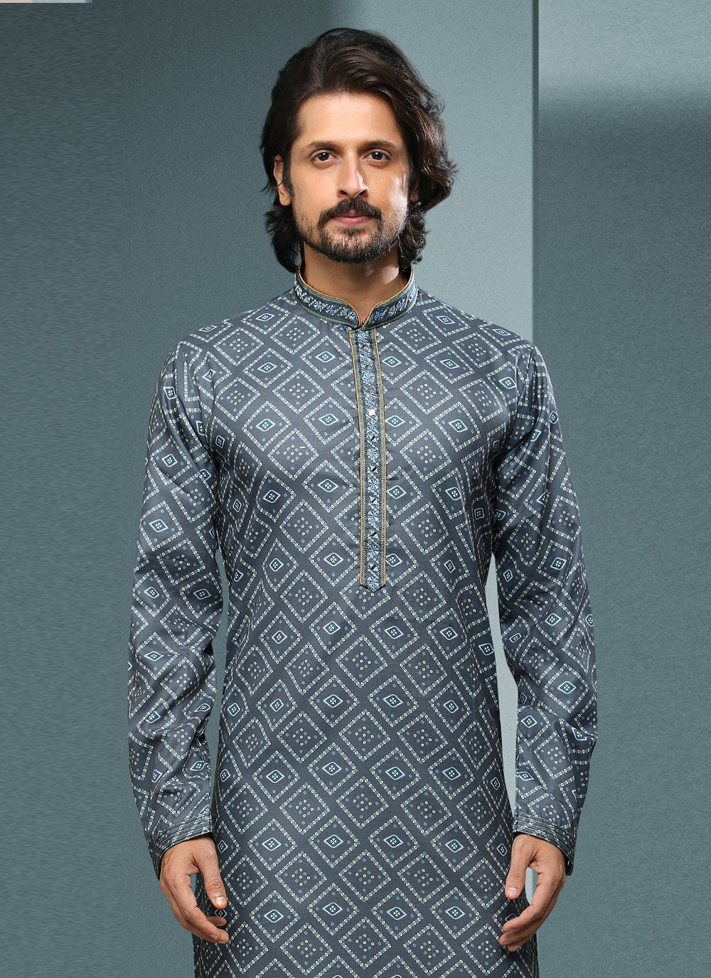 Digital Print Handloom Cotton Grey Dhoti Kurta - M4070