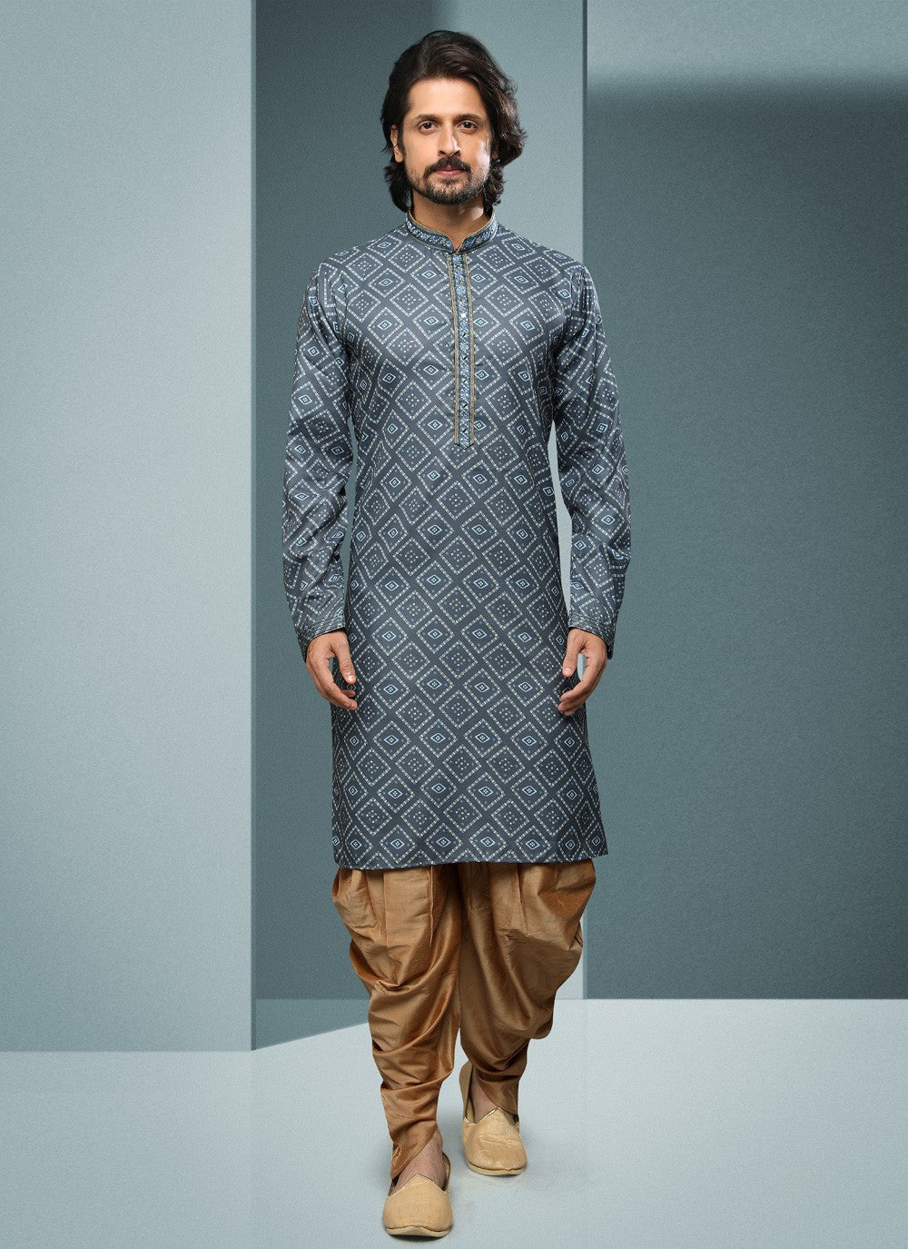 Digital Print Handloom Cotton Grey Dhoti Kurta - M4070