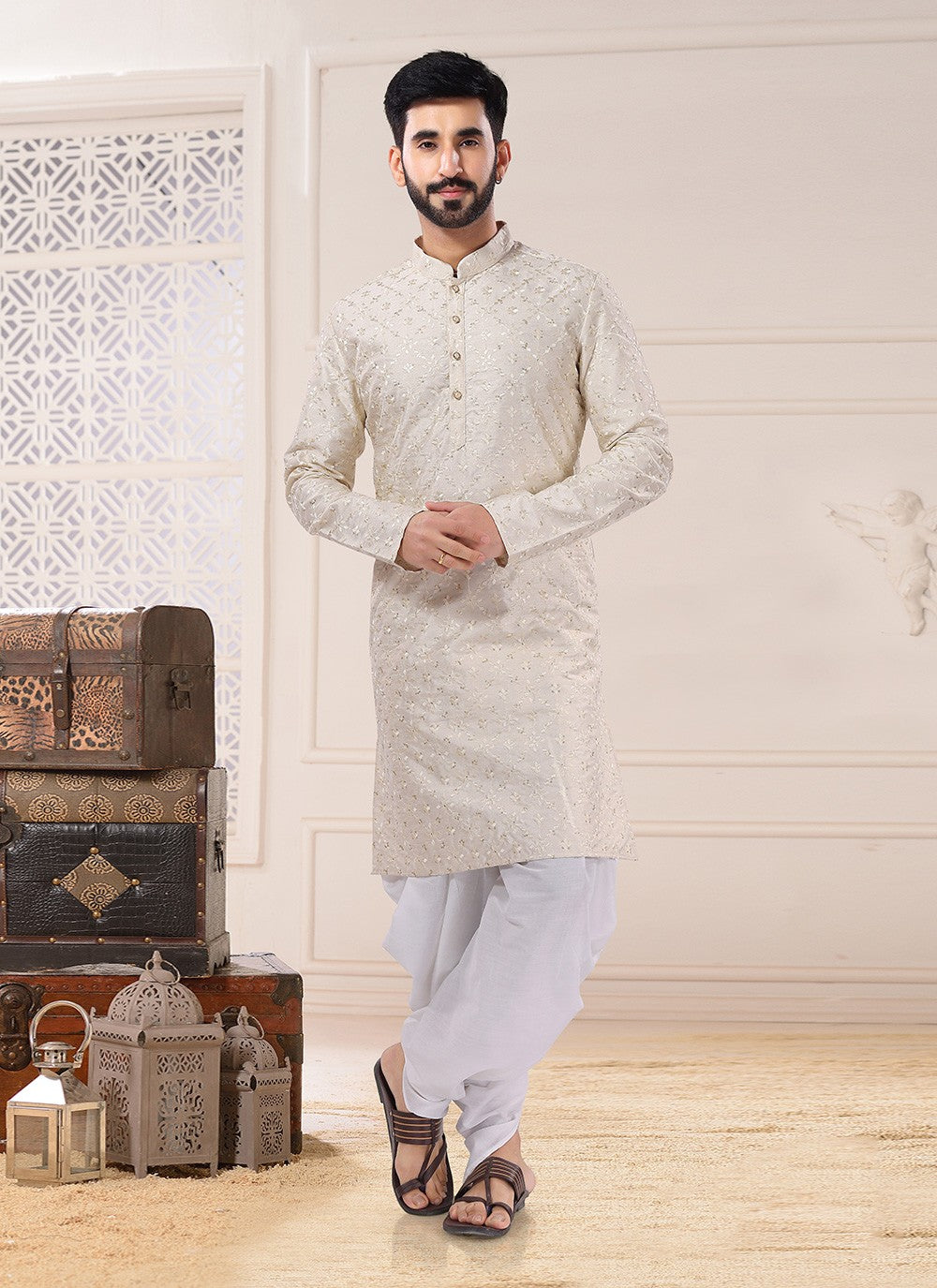 Embroidered Silk Cream Dhoti Kurta - M4684