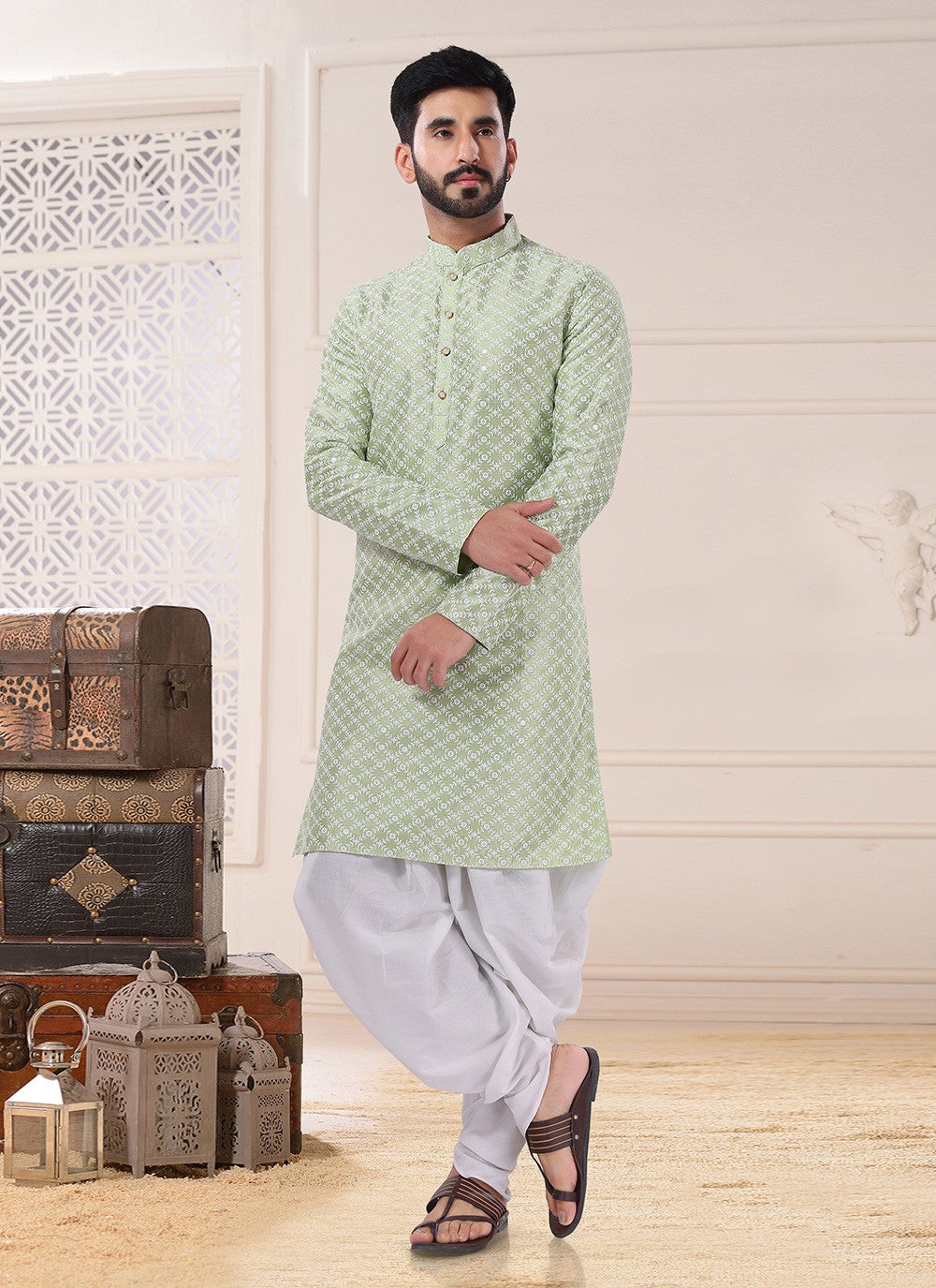 Embroidered Silk Green Dhoti Kurta - M4690