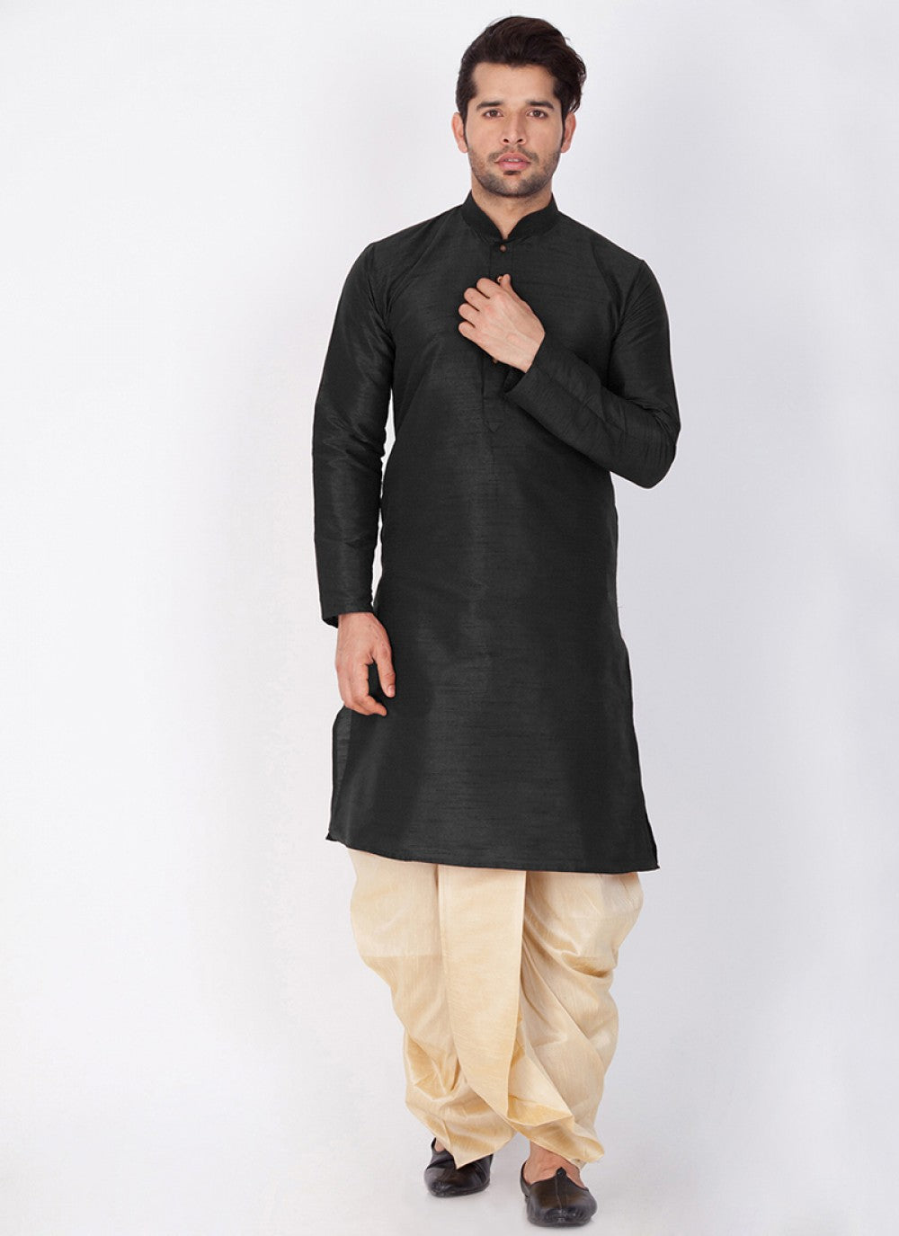 Plain Banarasi Silk Black Dhoti Kurta - M1343