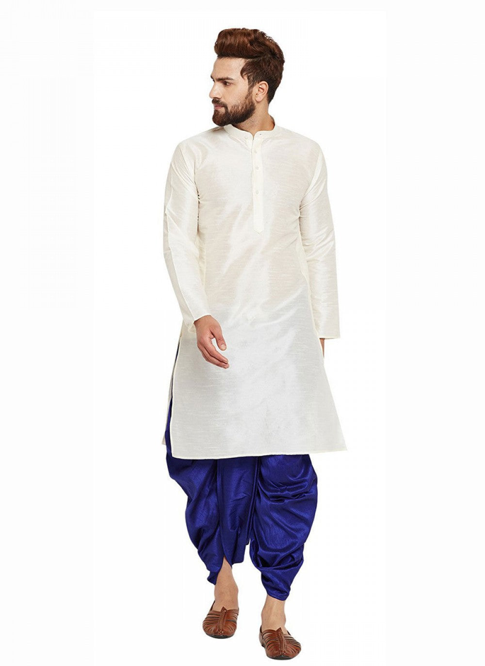 Plain Banarasi Silk White Dhoti Kurta - M1363