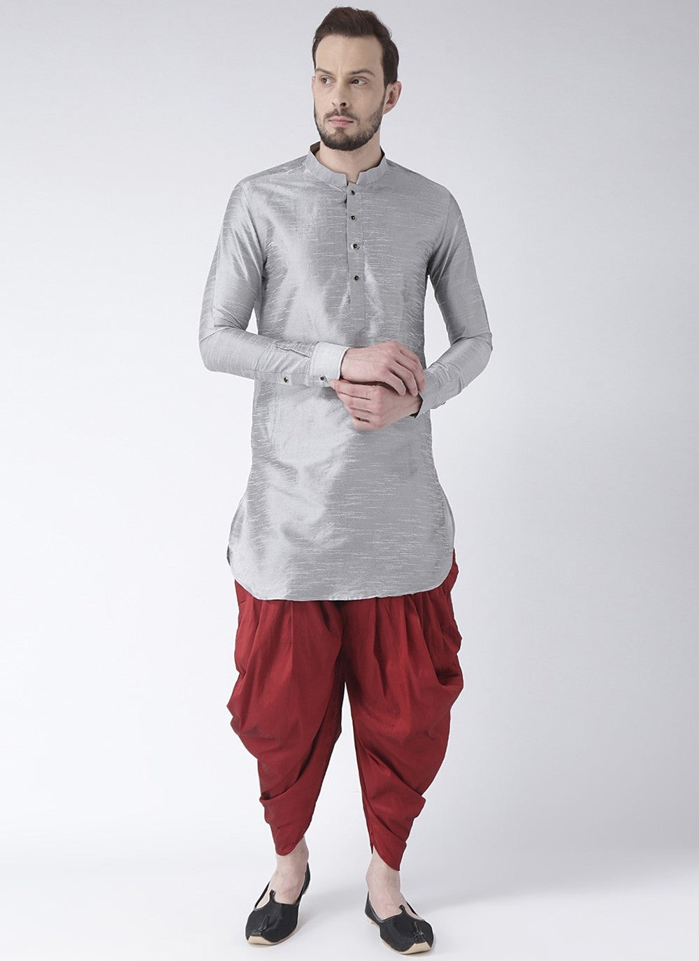 Plain Art Dupion Silk Silver Dhoti Kurta - M2491