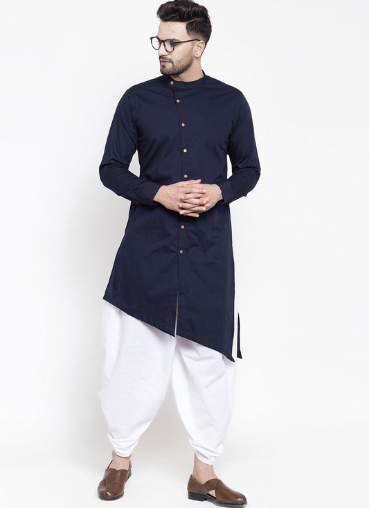 Plain Blended Cotton Navy Blue Dhoti Kurta - M4477