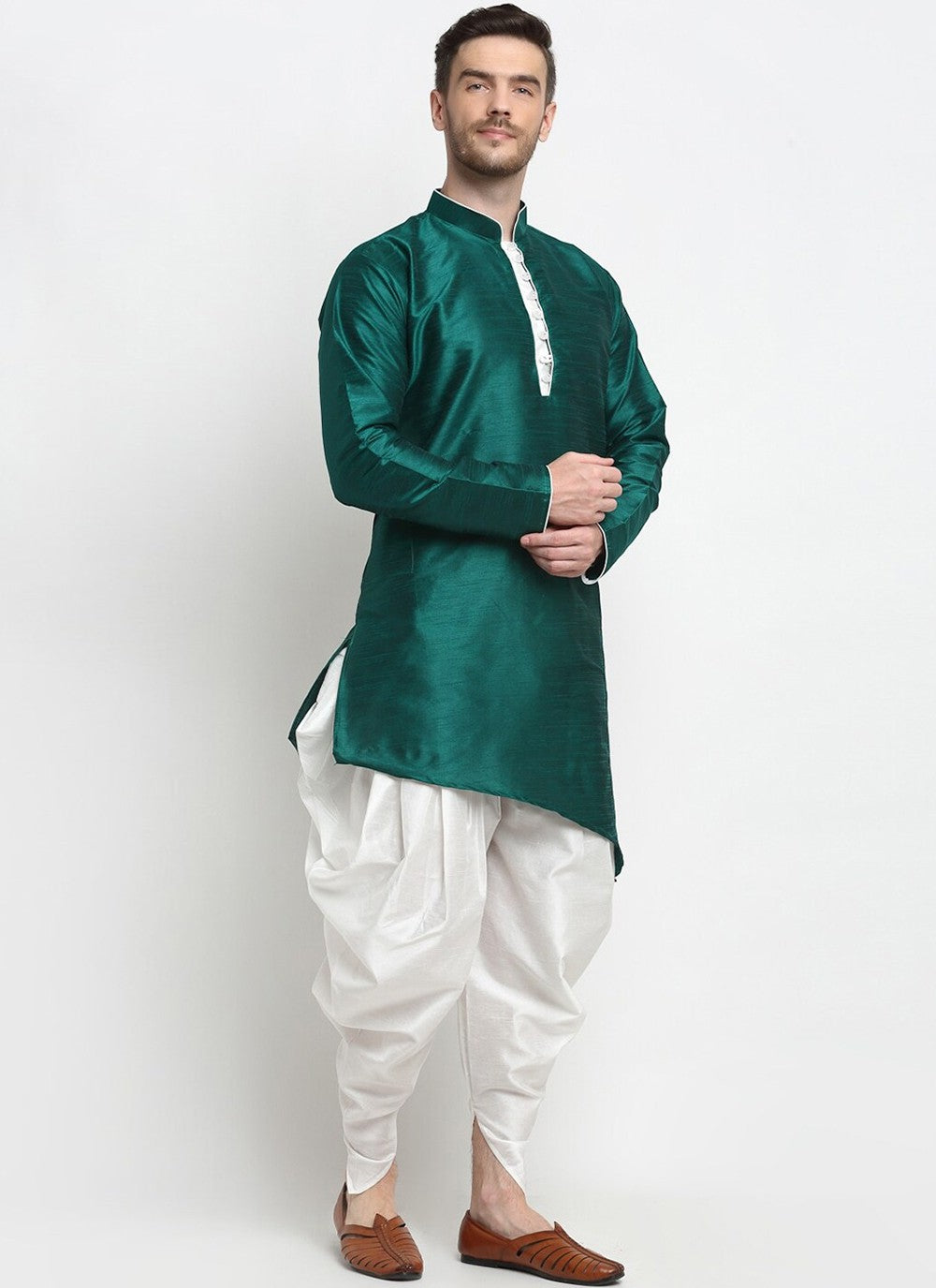 Plain Dupion Silk Green Dhoti Kurta - M2397