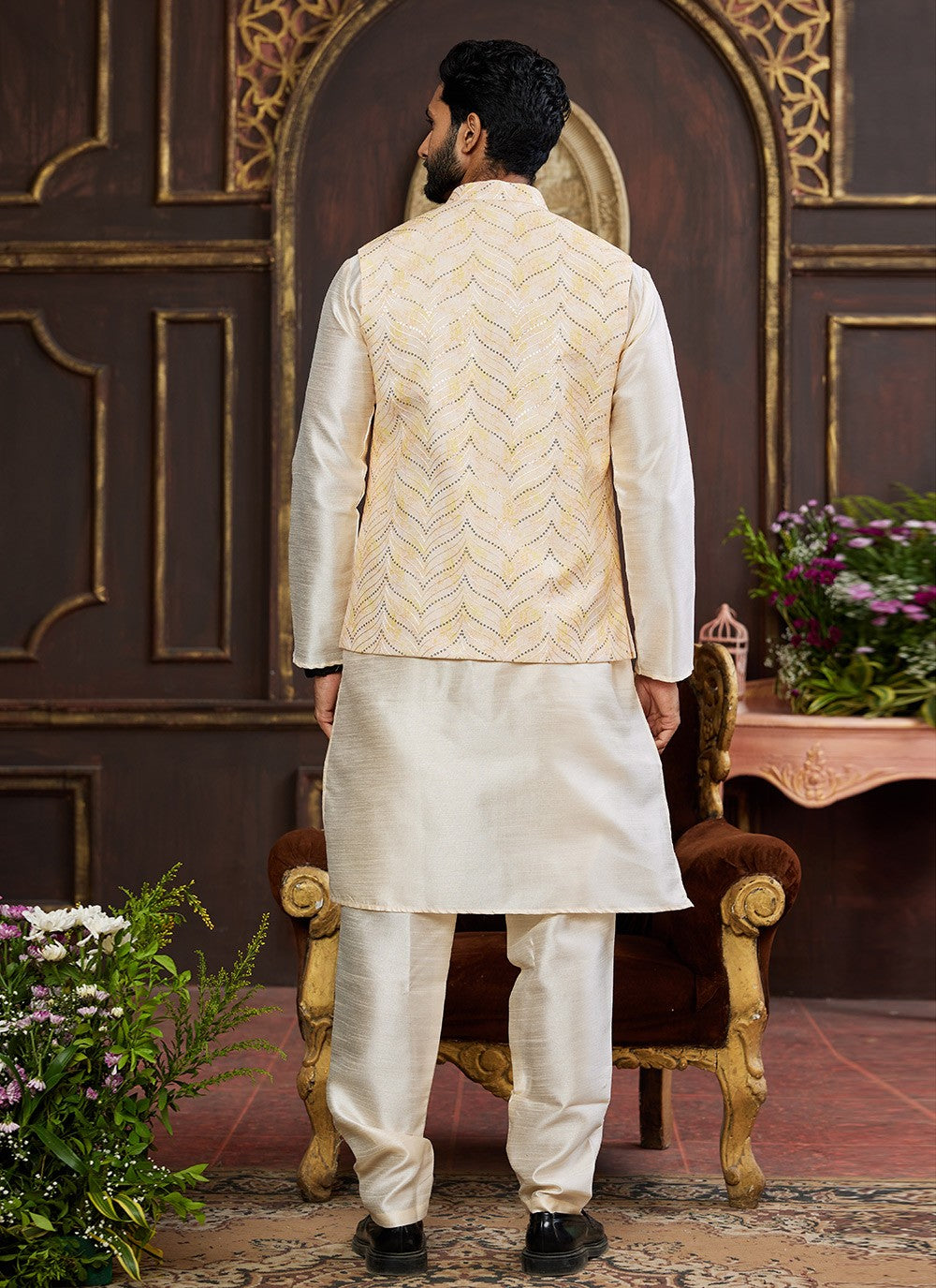 Digital Print Art Silk Beige, Cream Kurta Payjama With Jacket - M8732